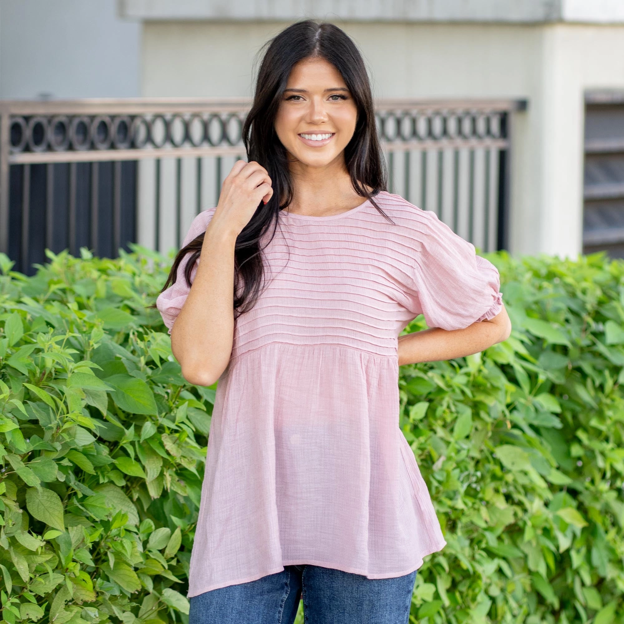 Cooling Core Technology Timeless Appeal Vanilla Bay Clara Pin Tuck Puff Sleeve Top Mauve