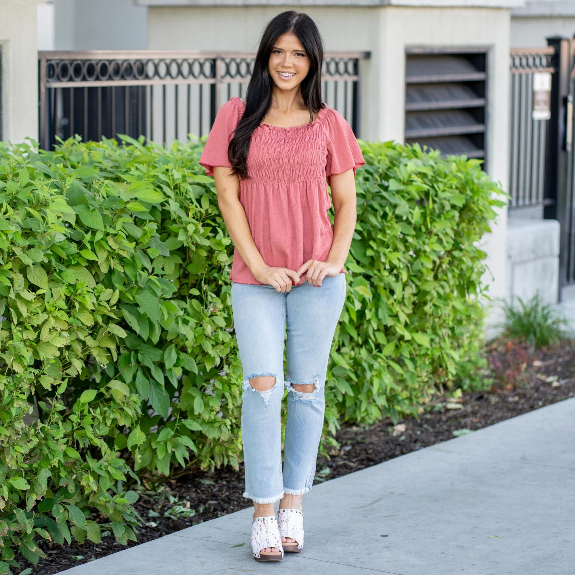 Stretchy Cloth Matte Finish Vanilla Bay Dusty Rust Smocked Gauze Knit Top Dusty Rust