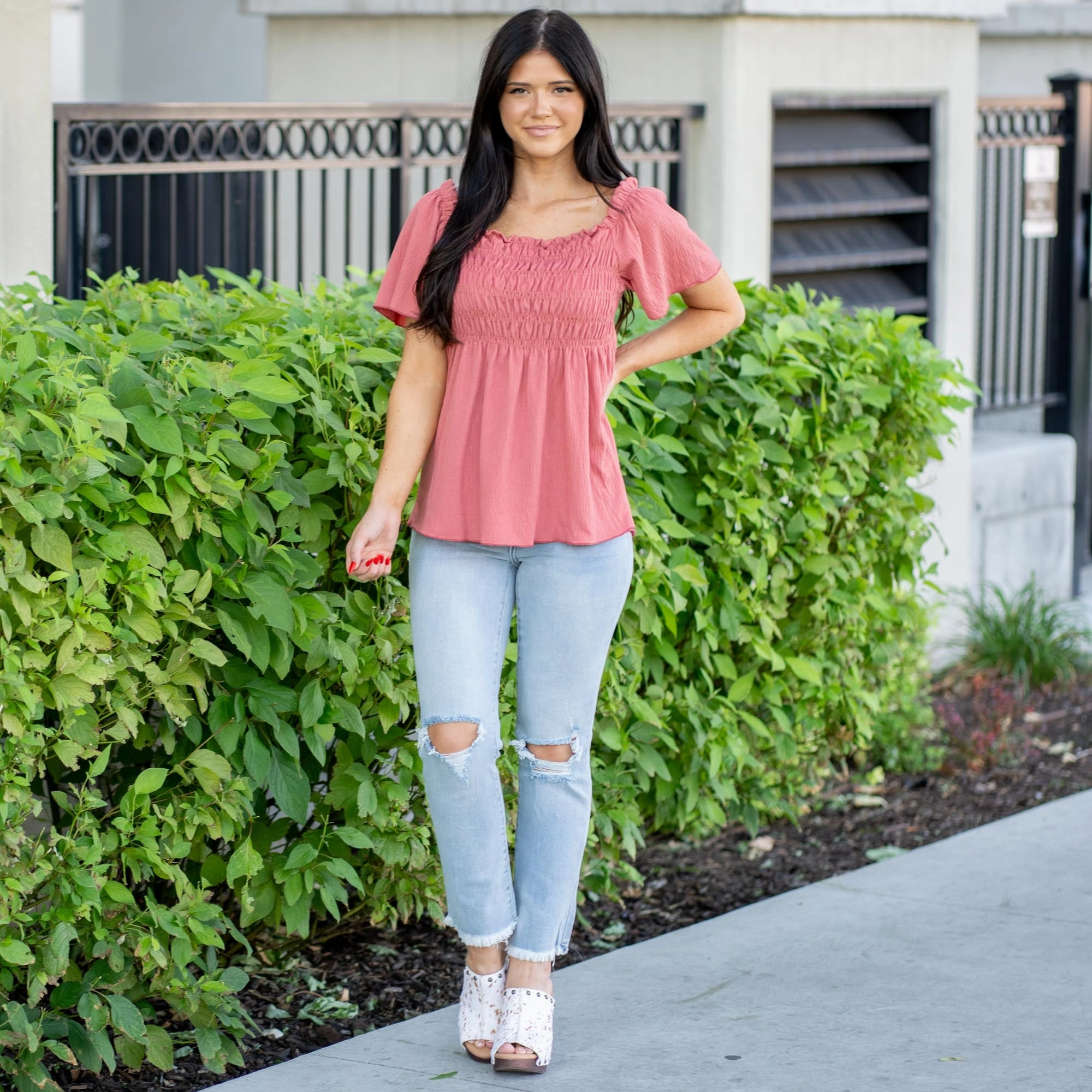 Vanilla Bay Dusty Rust Smocked Gauze Knit Top Dusty Rust Quick-Dry