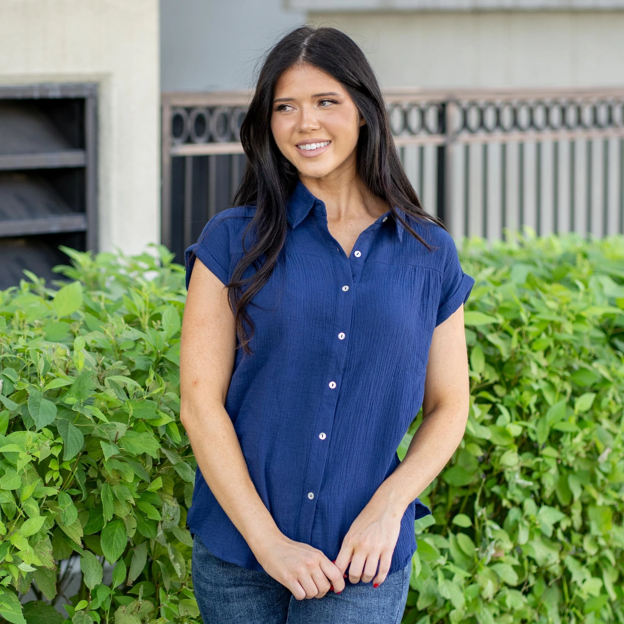 Vanilla Bay Elise Shirred Cotton Gauze Top Navy Flexible Cuff Design Non Iron Finish