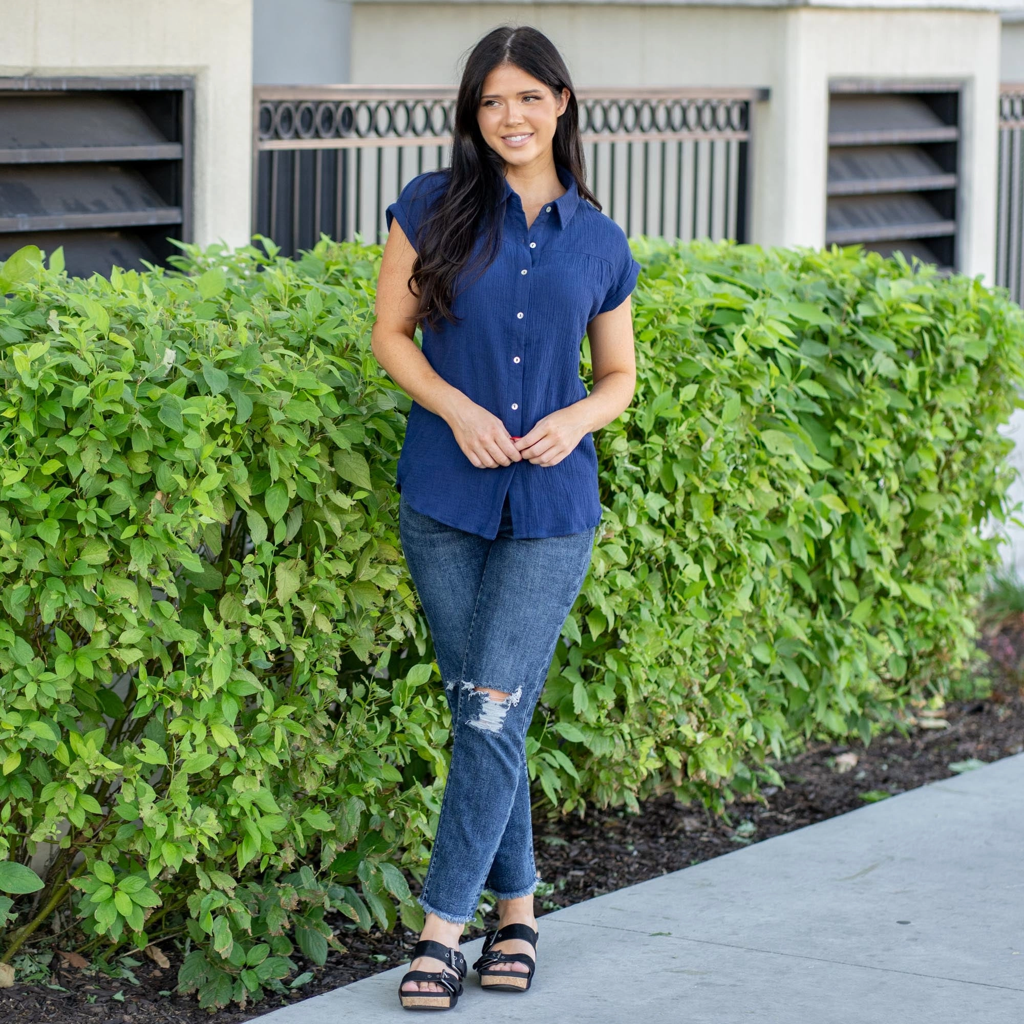 Athletic and Cool Vintage Style Vanilla Bay Elise Shirred Cotton Gauze Top Navy
