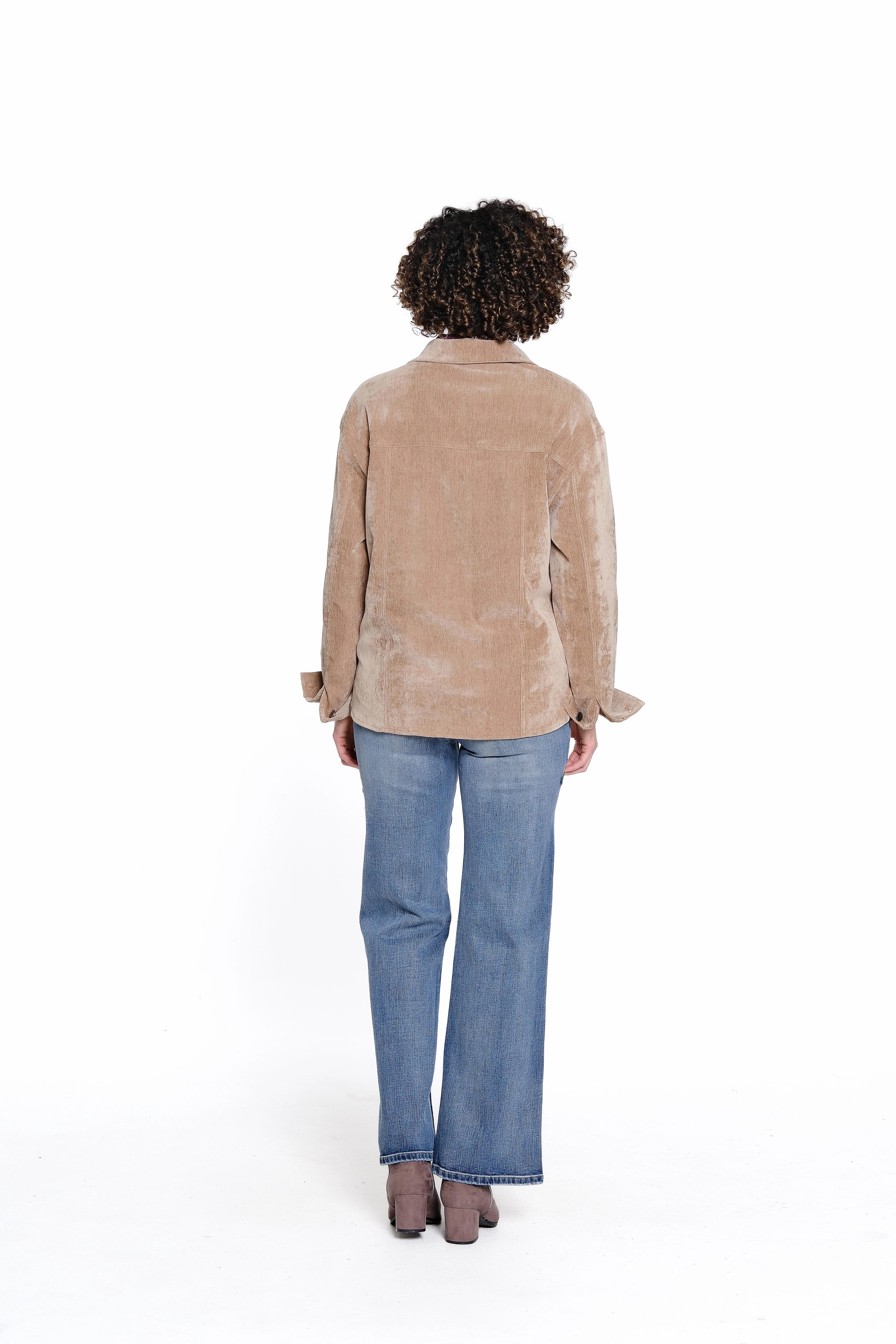 Tension Balanced Design Curved Hemline Velveteen Shirt Jacket - Tan