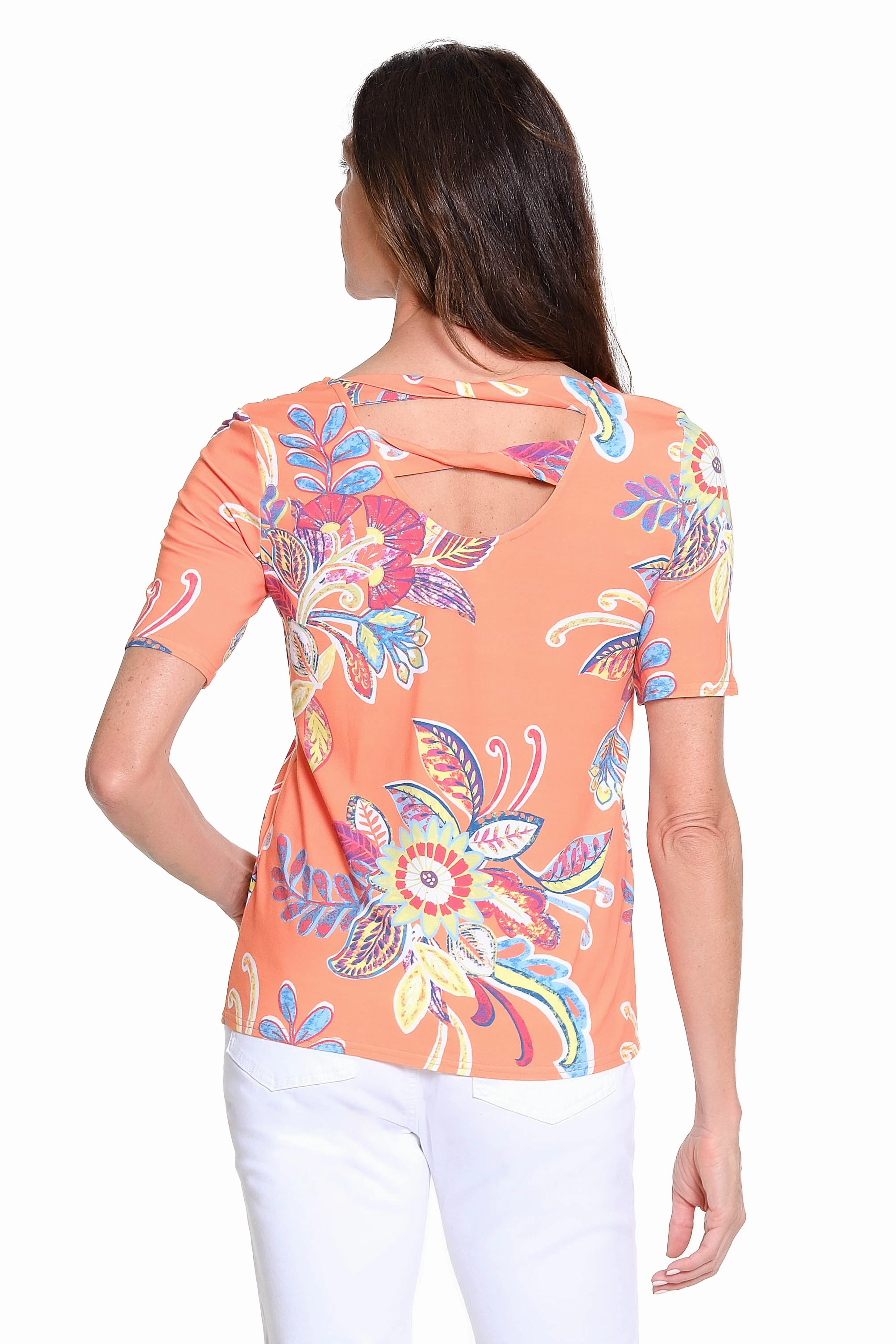 Printed Knit Top with Back Twist Detail ?C Multi Slim Silhouette