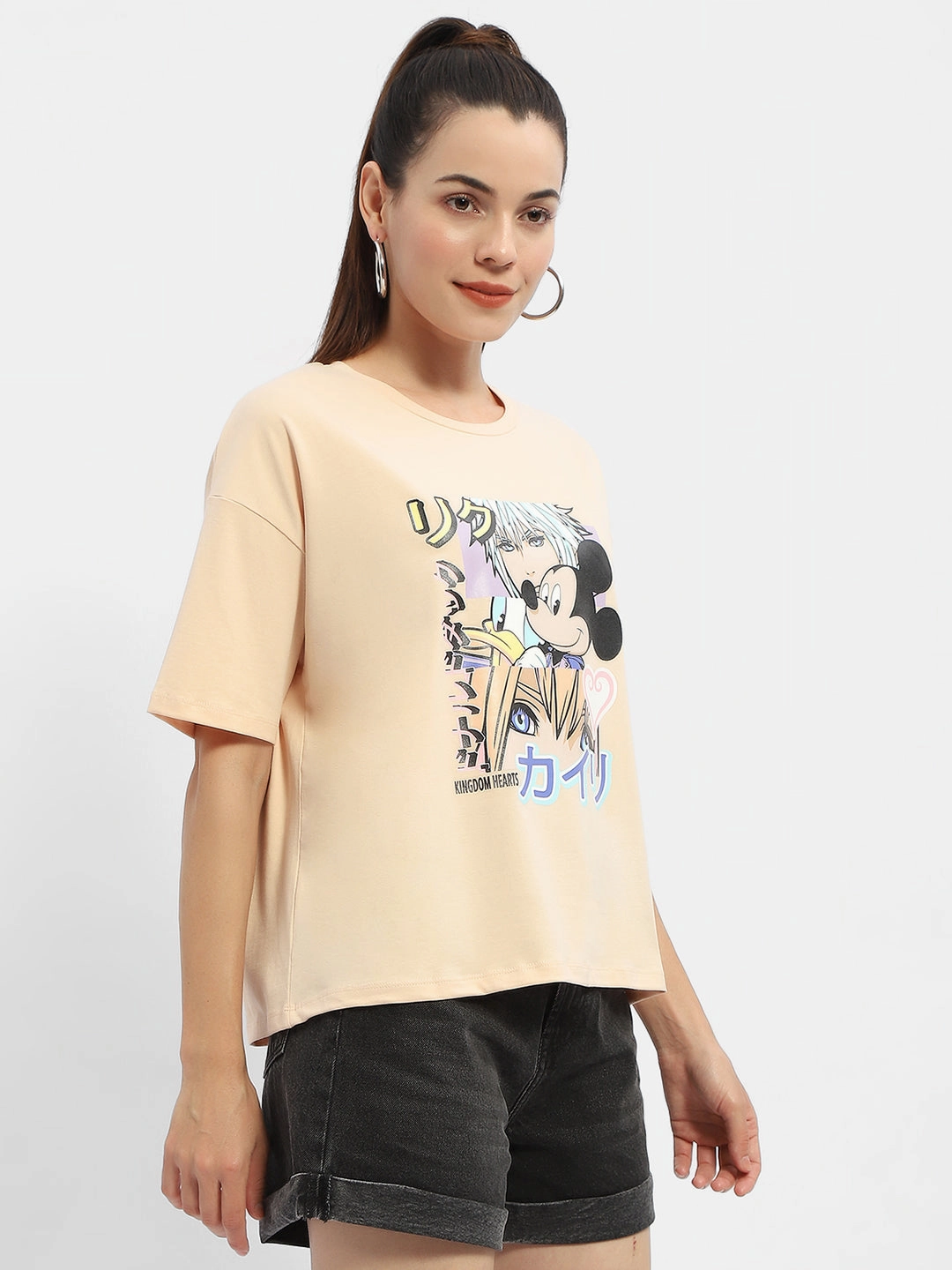 Non Irritating Label Contrast Stitch Detailing Madame Disney Mickey Mouse Peach Oversized T-Shirt
