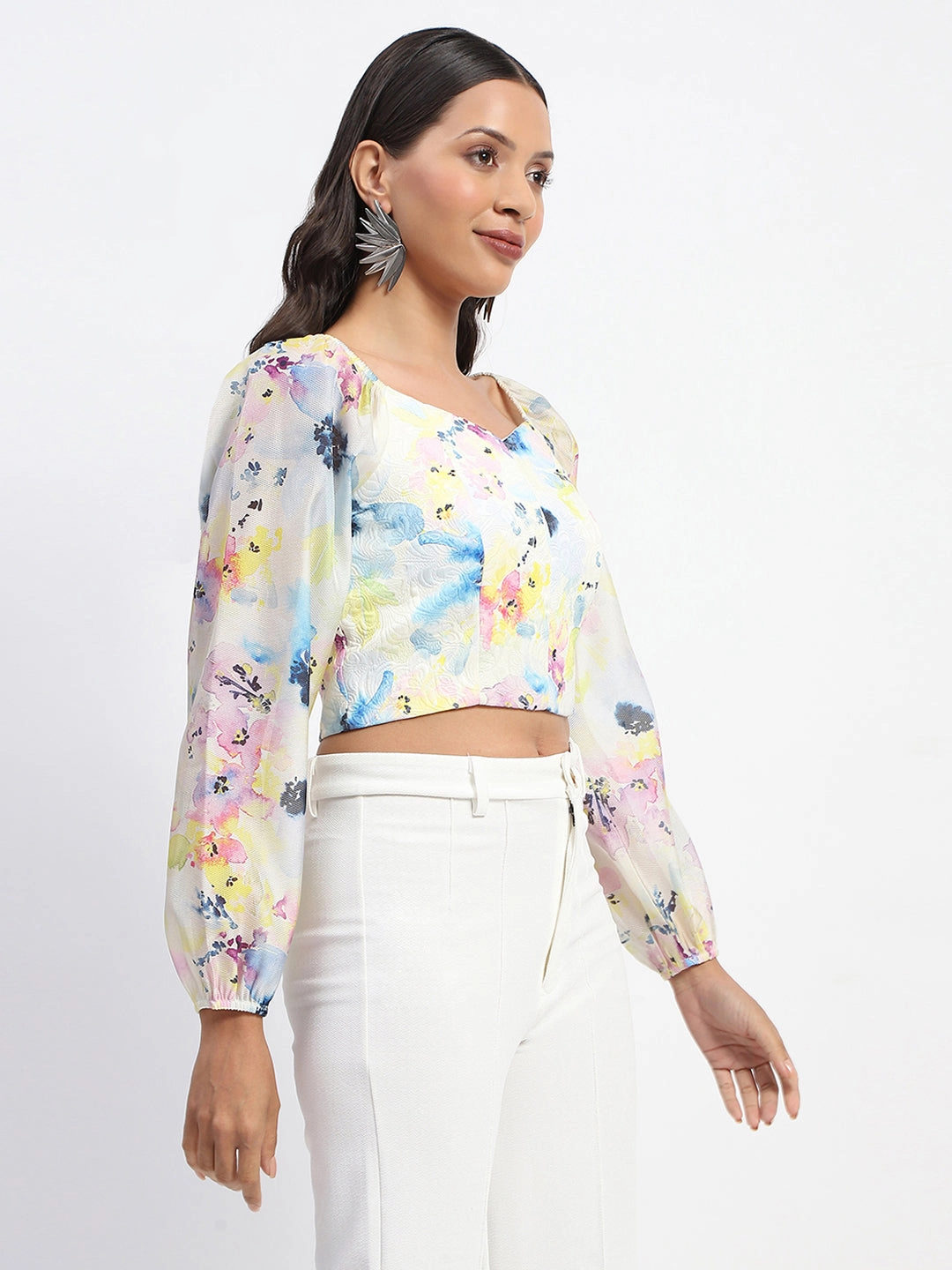 Active Wear Madame Queen Anne Neckline Floral Print Puff Sleeve White Crop Top