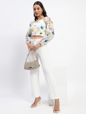 Madame Queen Anne Neckline Floral Print Puff Sleeve White Crop Top HiddenZipper