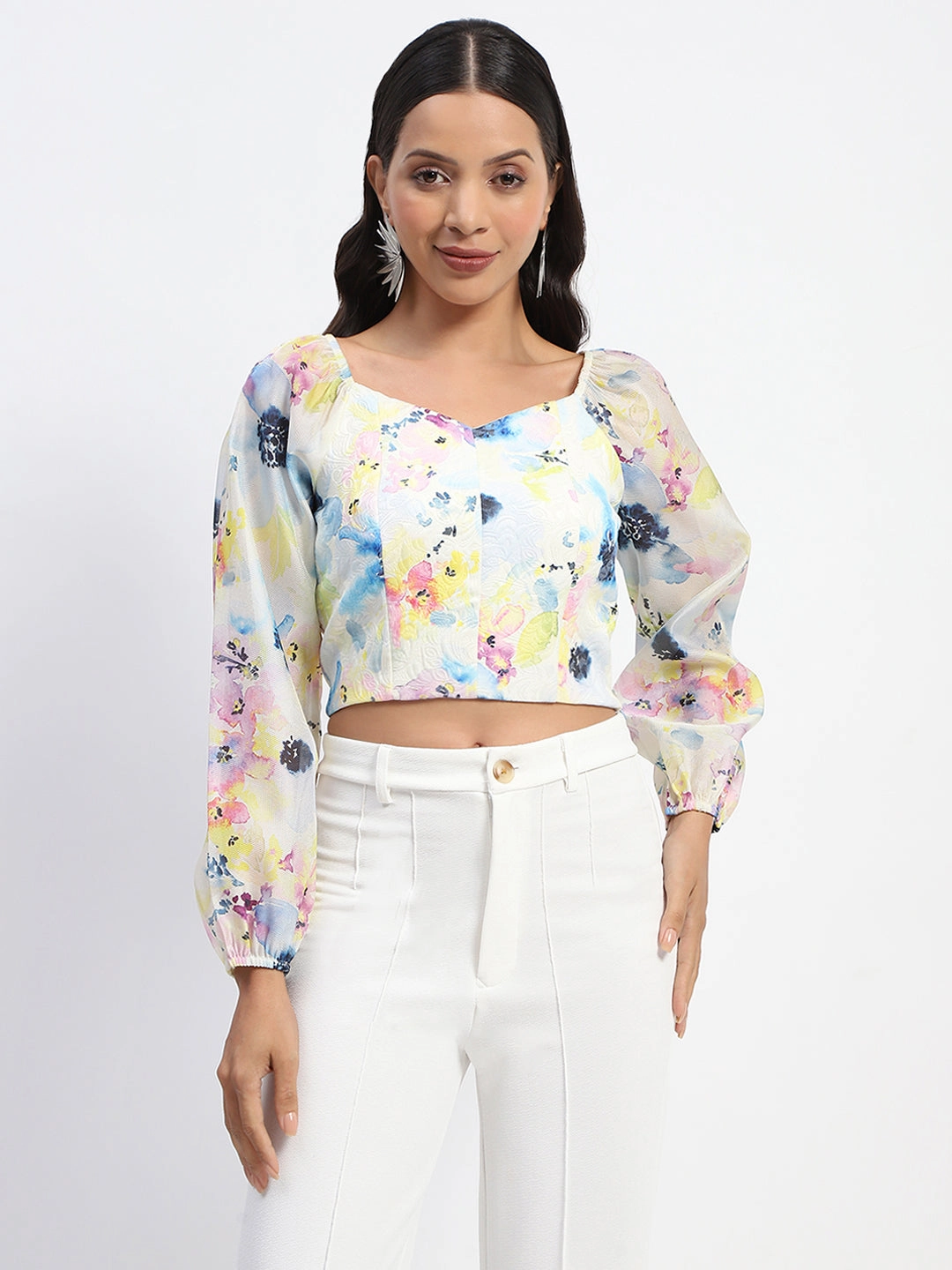 Stretch Fit Top Airflow Ventilation Madame Queen Anne Neckline Floral Print Puff Sleeve White Crop Top
