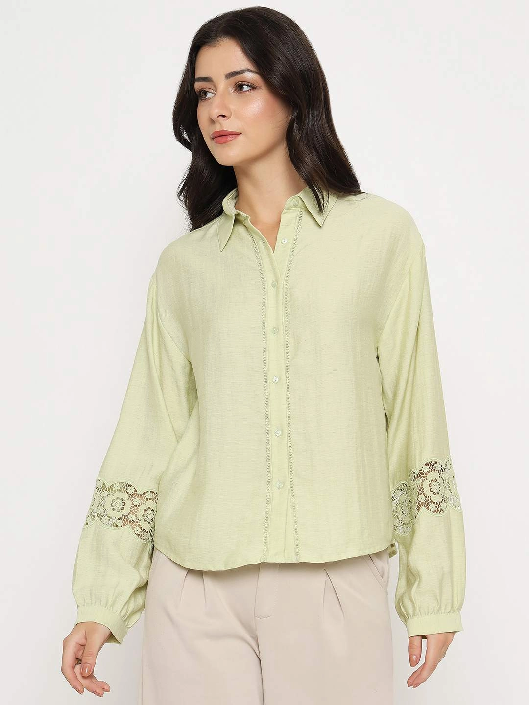 Perfect Layering Anti Pilling Treatment Madame Floral Lace Insertion Green Rayon Blend Shirt
