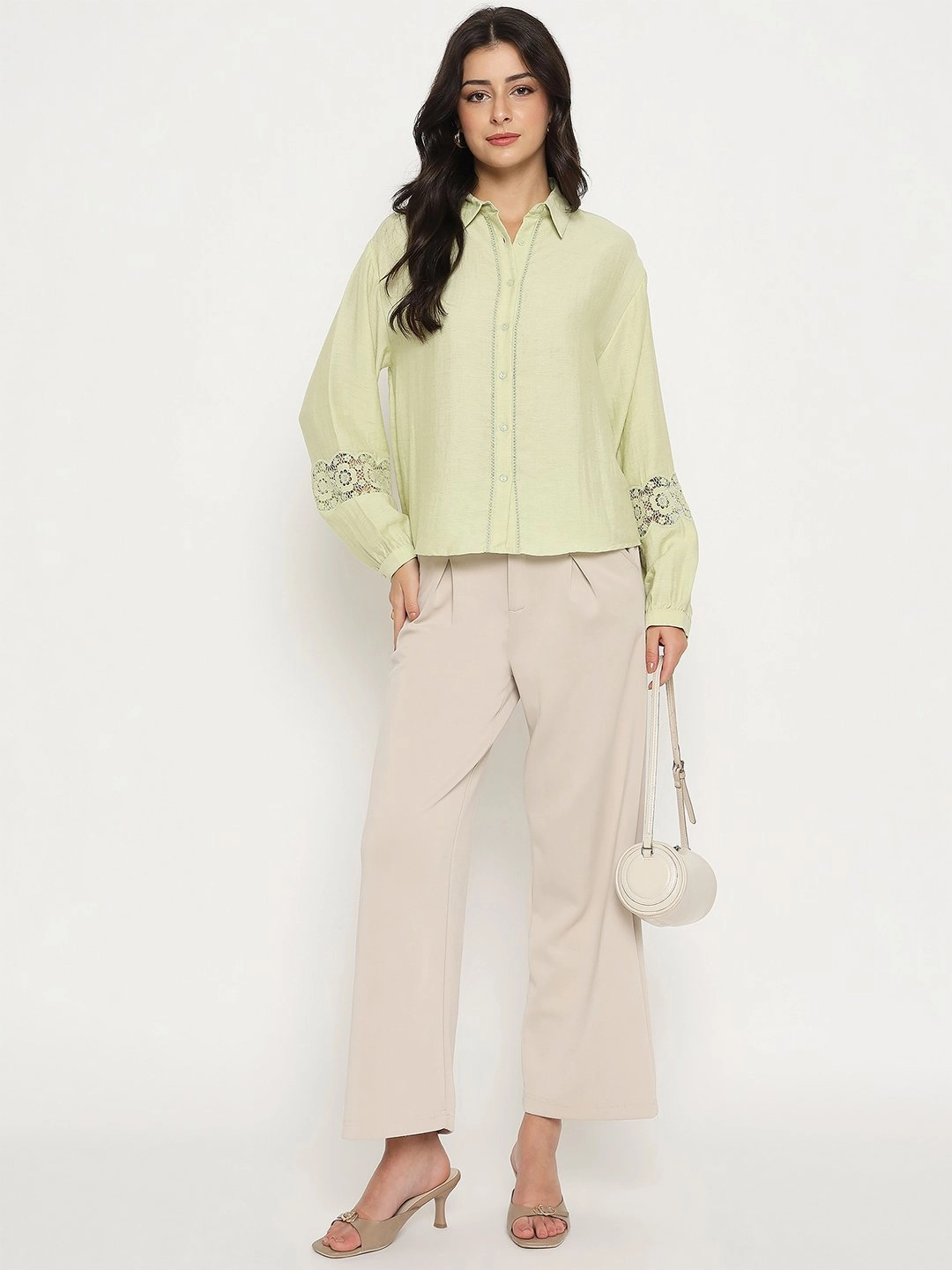 Madame Floral Lace Insertion Green Rayon Blend Shirt Tagless label Smooth Finish