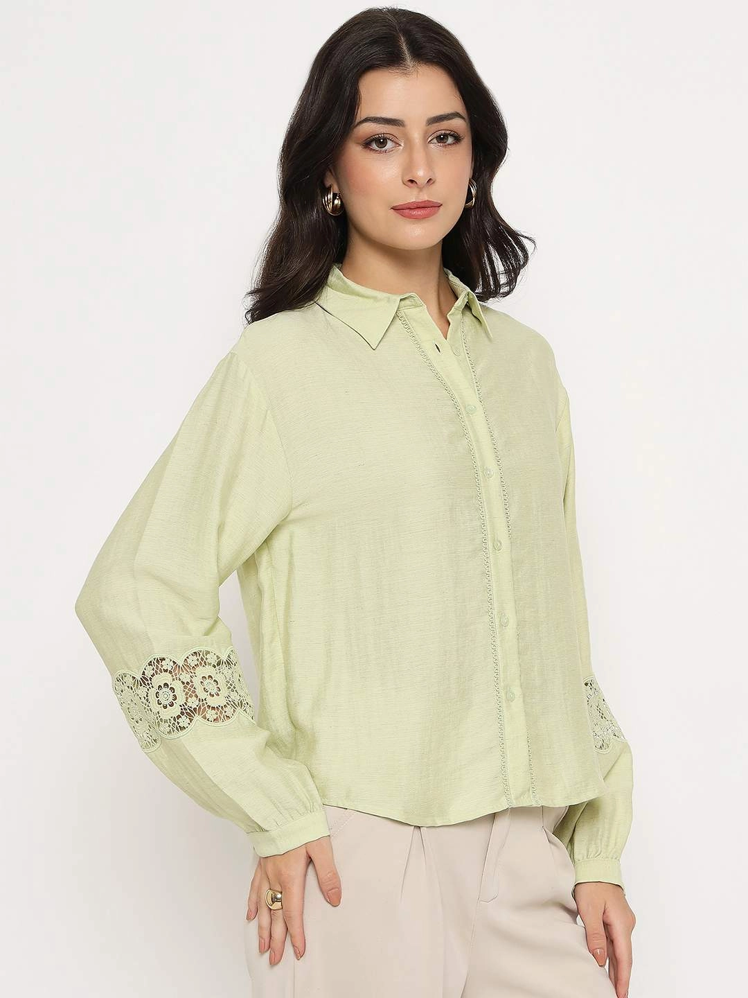 Summer Fashion Chill Wear Madame Floral Lace Insertion Green Rayon Blend Shirt