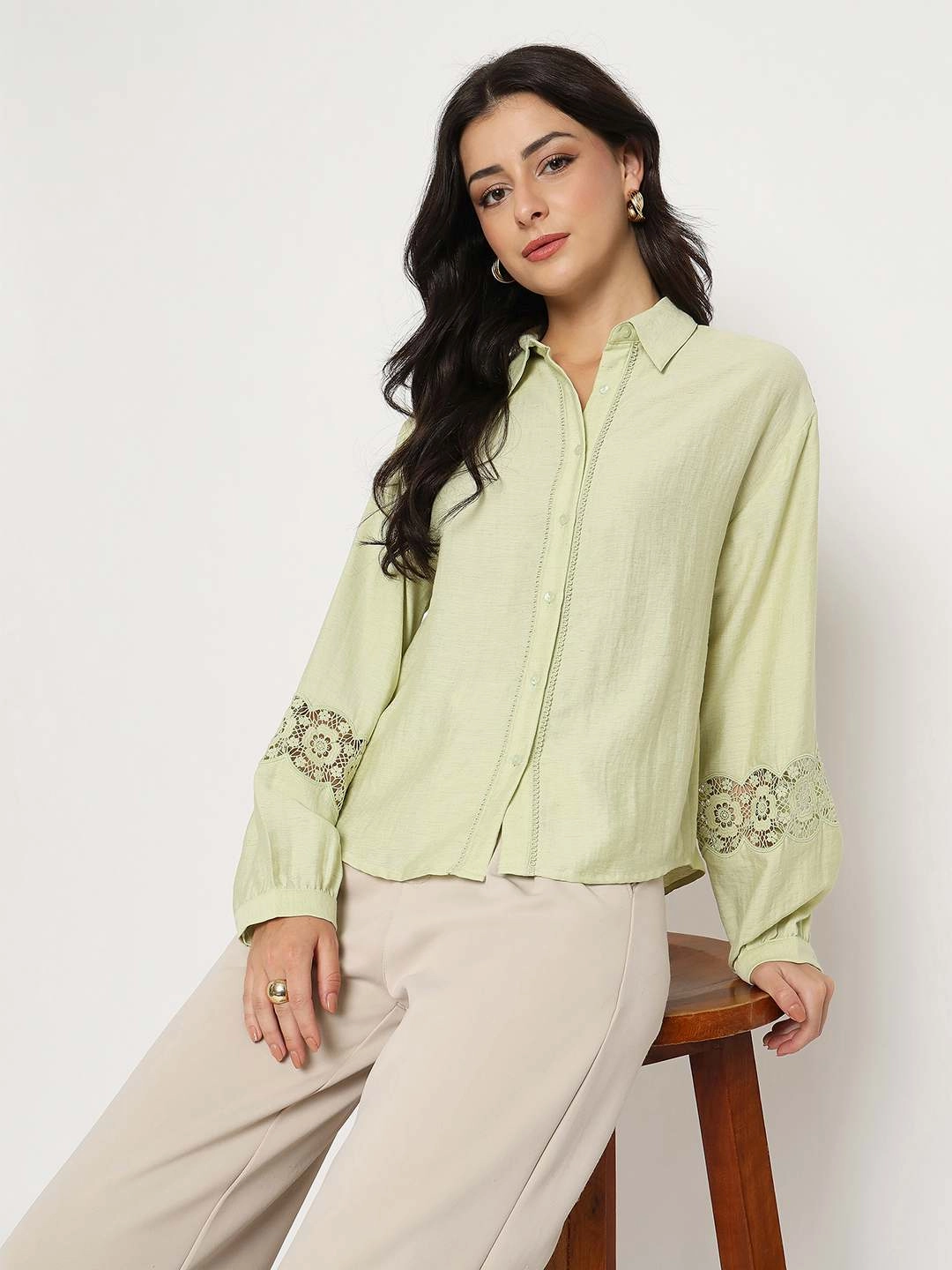 Madame Floral Lace Insertion Green Rayon Blend Shirt Twill Weave Festival Fashion