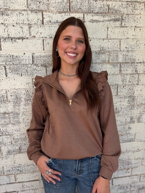 Ventilated Panels Two Tone Weave Mocha Ruffle Sleeve Pullover