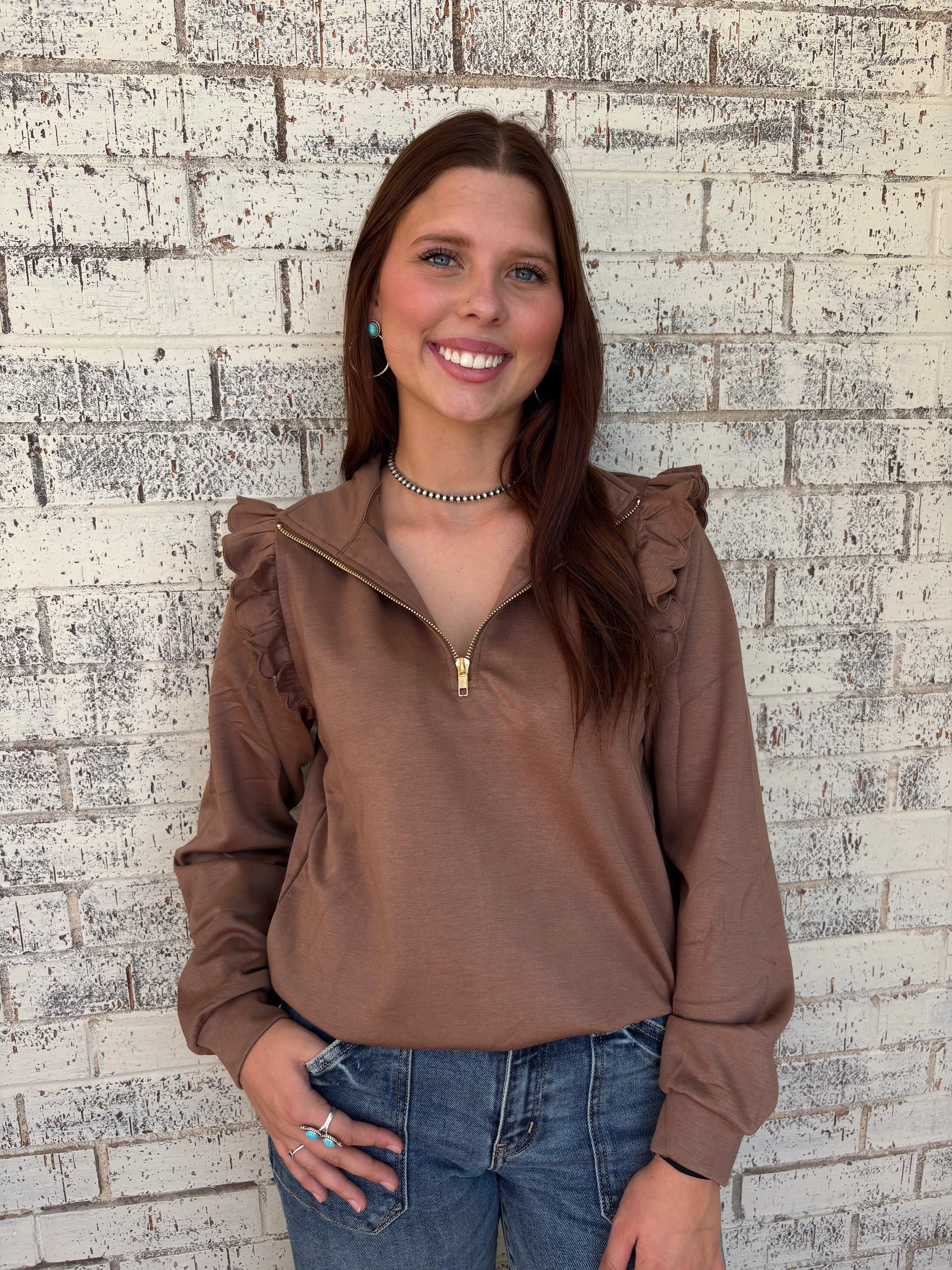 Circular Knit Technique Mocha Ruffle Sleeve Pullover