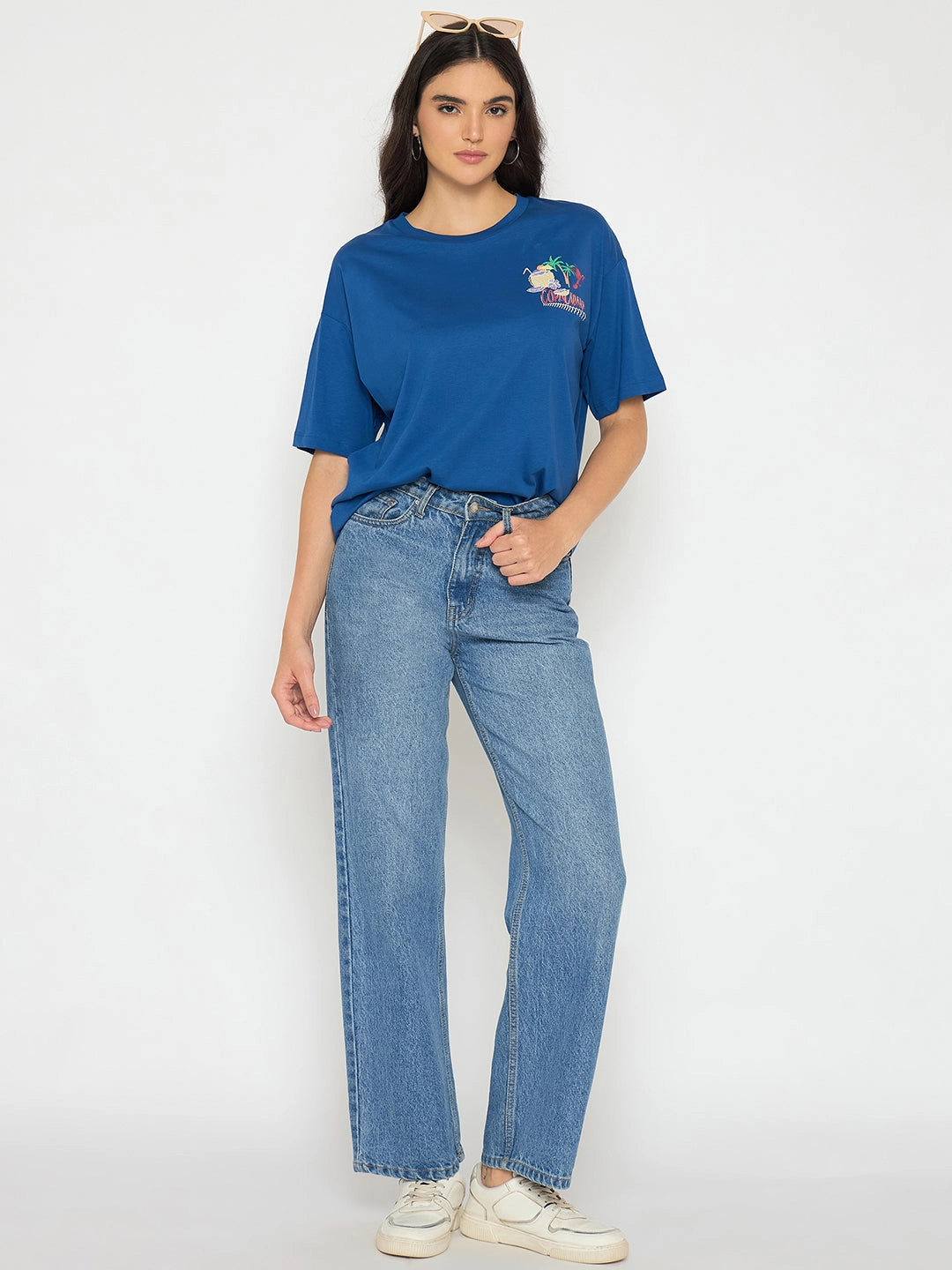 Loose Sweater Breathable Design Madame Graphic Adorned Royal Blue Cotton T-Shirt