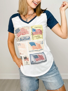 Stretch Blouse Hypoallergenic fabric Vintage Patriotic Stamps Vneck Graphic Tee