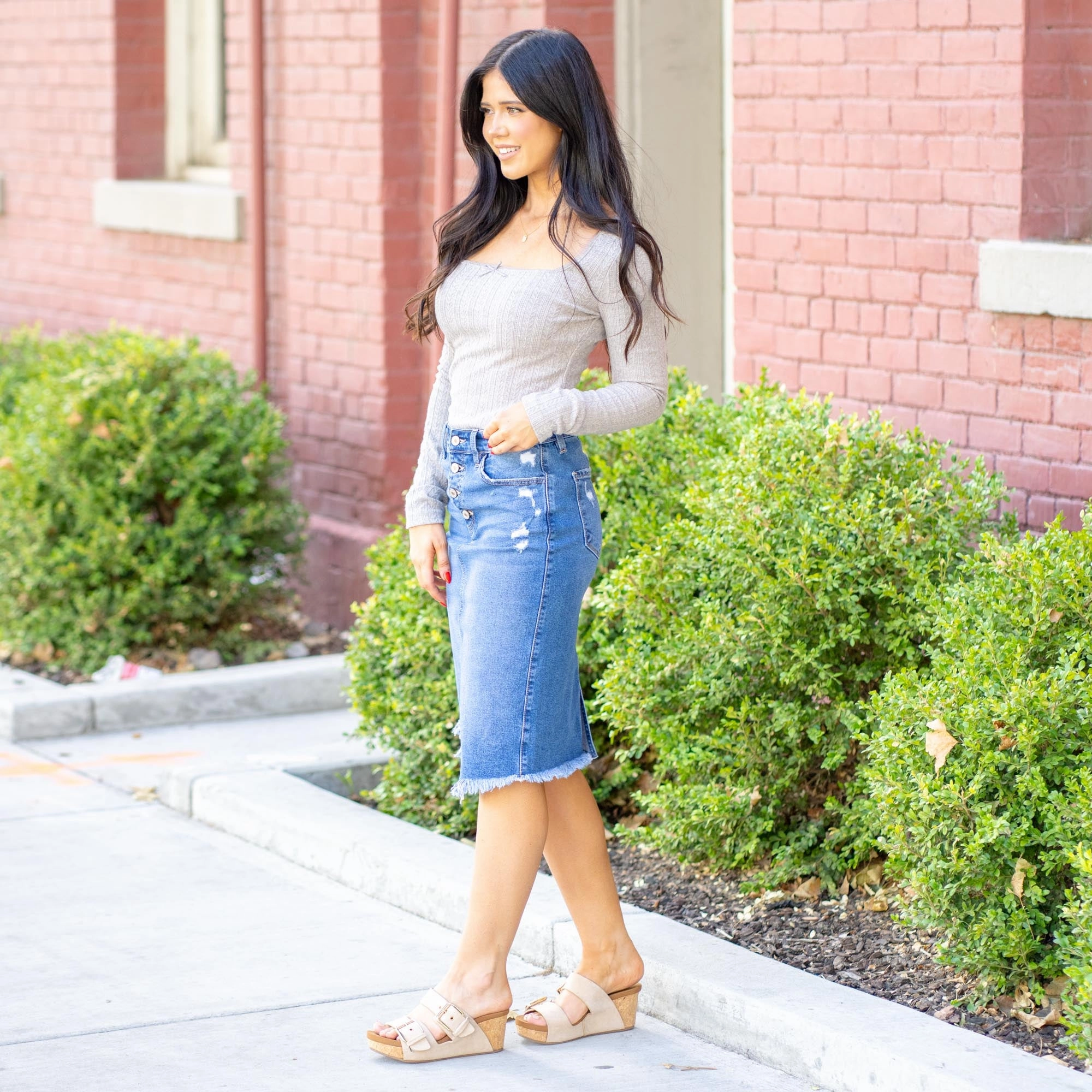 KanCan Florentine Mid Rise Asymmetrical Midi Skirt Medium Blue Wash Yearlong Fit Comfort Wear