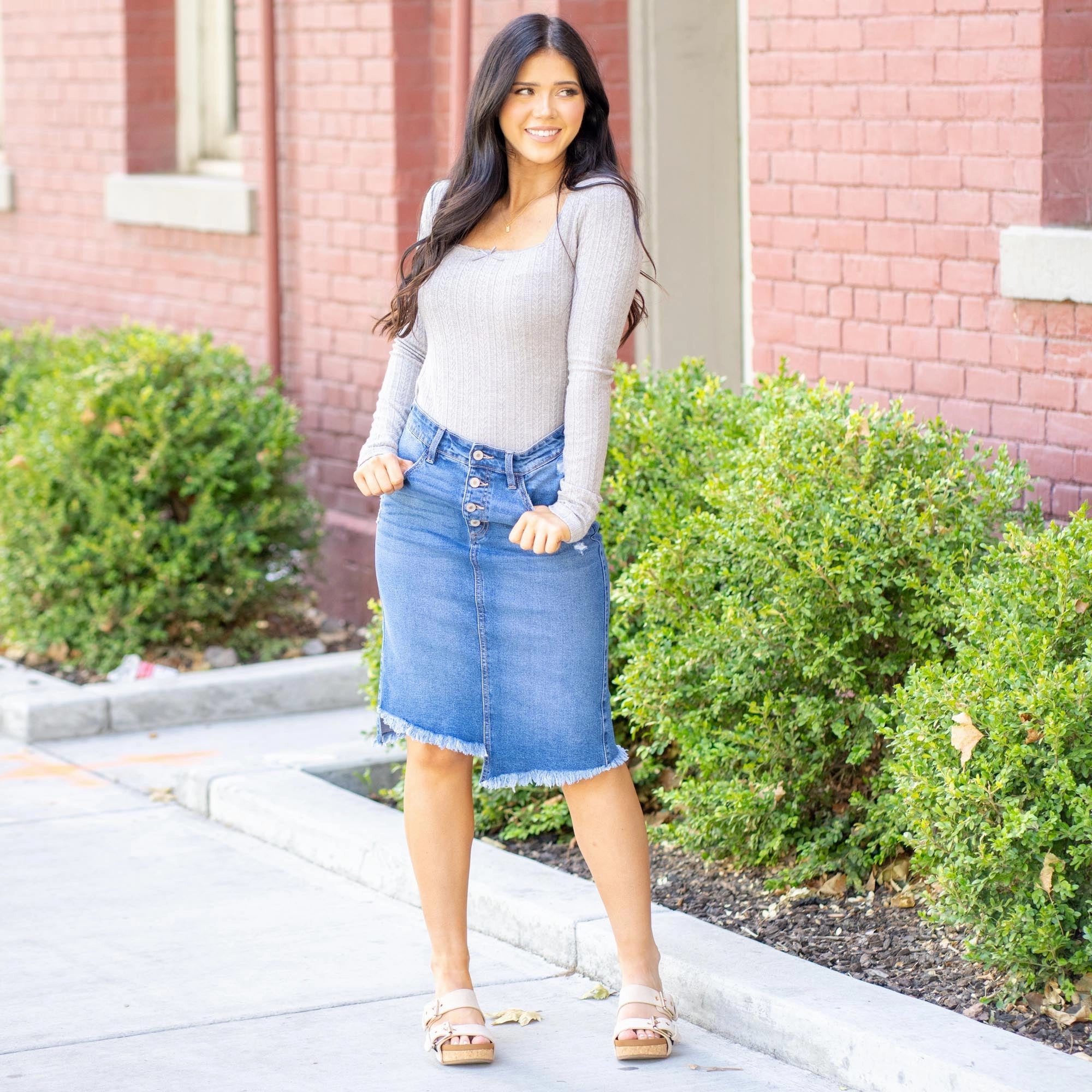 Minimalist Daily Wear Loose KanCan Florentine Mid Rise Asymmetrical Midi Skirt Medium Blue Wash