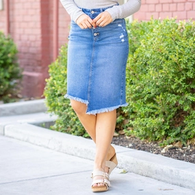 True Comfort Simple Touch KanCan Florentine Mid Rise Asymmetrical Midi Skirt Medium Blue Wash