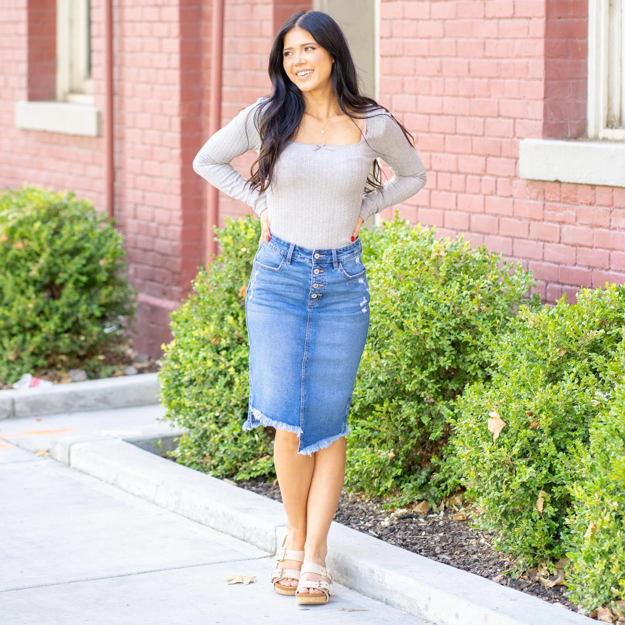 Raw Hem Design Heavyweight Denim KanCan Florentine Mid Rise Asymmetrical Midi Skirt Medium Blue Wash