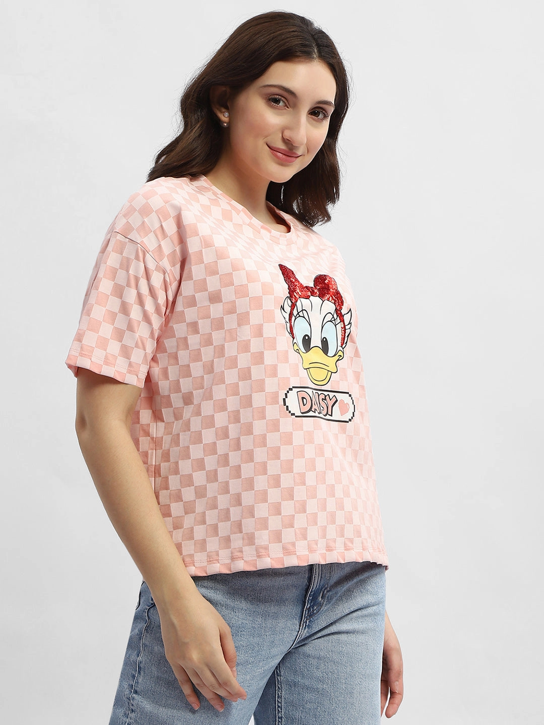 Madame Disney Donald Duck Pink Cotton T-Shirt Drop Shoulder Cut Tapered Side Panels