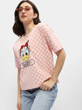 Madame Disney Donald Duck Pink Cotton T-Shirt Durable Reinforced Elbow Patches