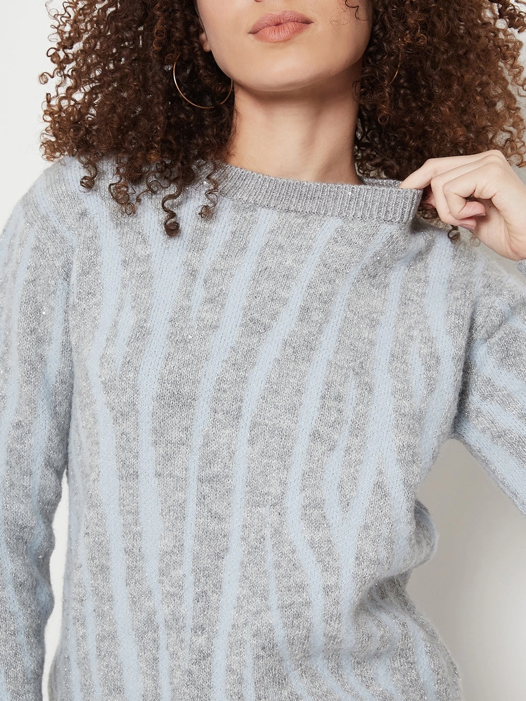 Ribbed cuff Madame Grey Round Neck Printed Sweater