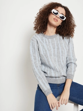 Breathable Wool Chilly Layering Madame Grey Round Neck Printed Sweater