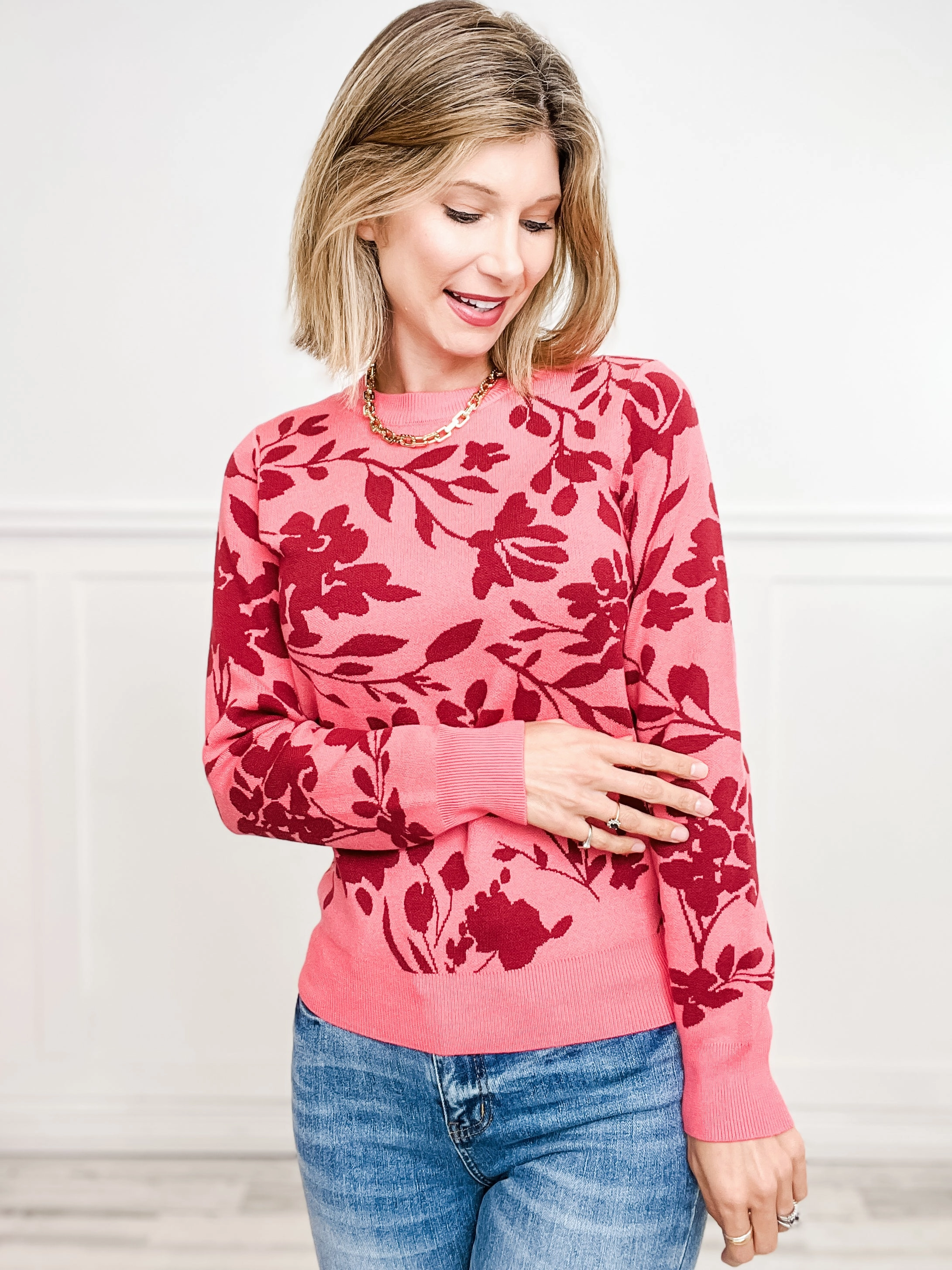 Quick drying material Warm & Soft Flower Jacquard Crew Neck Long Sleeve Pullover Sweater