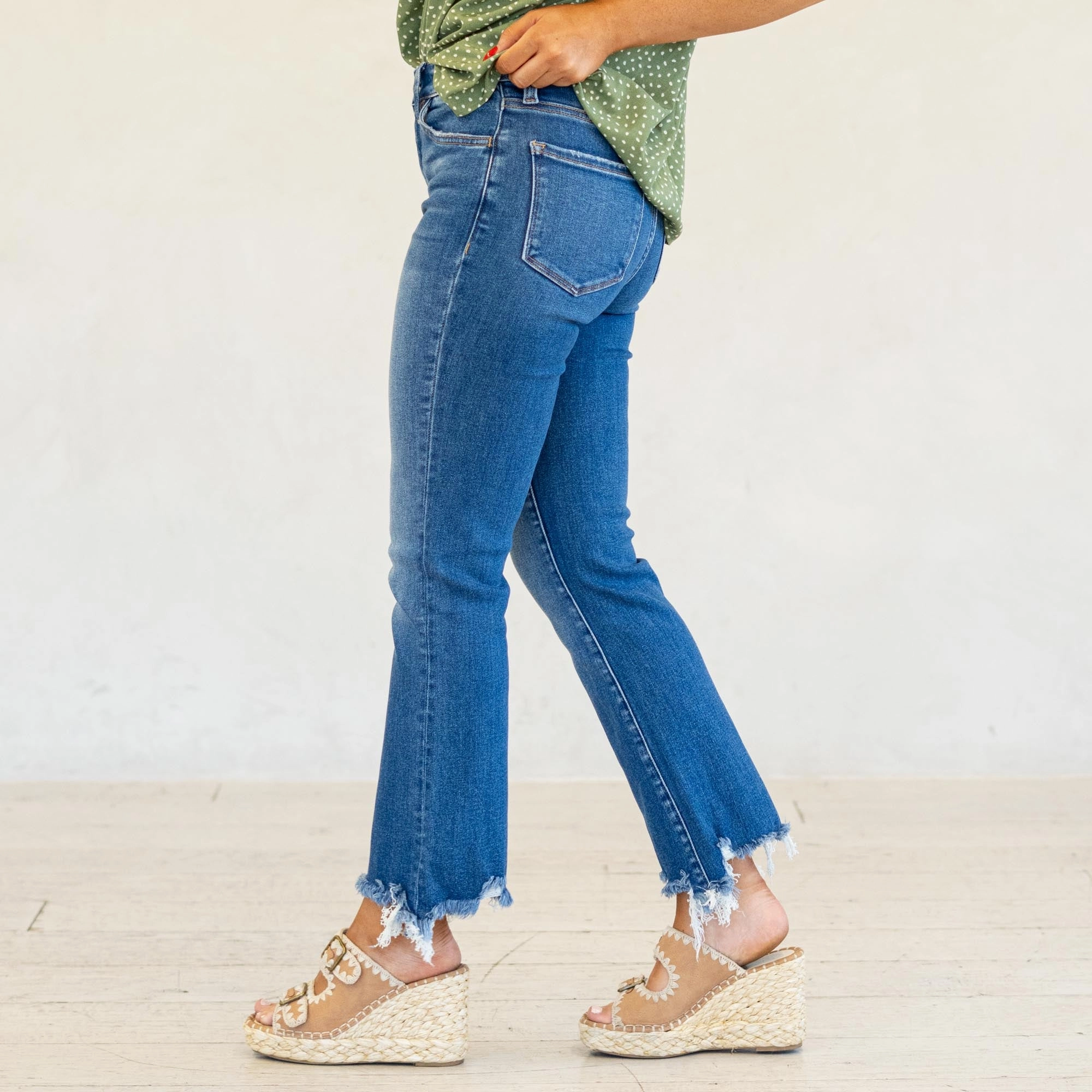 VERVET Divine High Rise Distressed Hem Kick Flare Jeans Medium Blue Lightweight Parent Style Durable Student Outfit Earthy