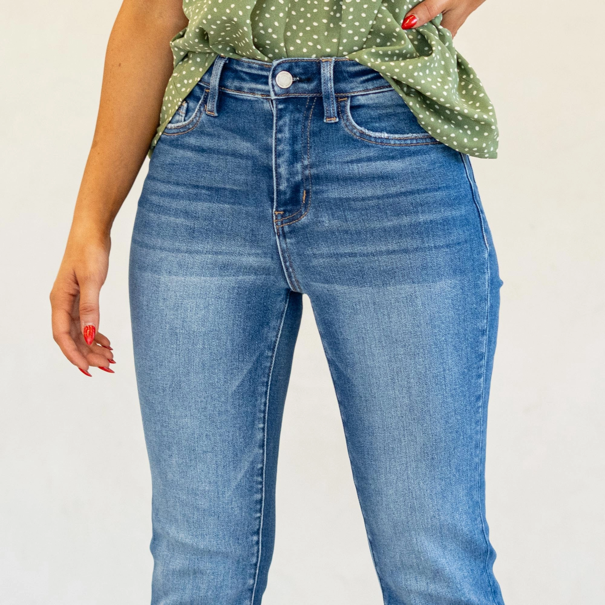 Garment Dyed Texture VERVET Divine High Rise Distressed Hem Kick Flare Jeans Medium Blue