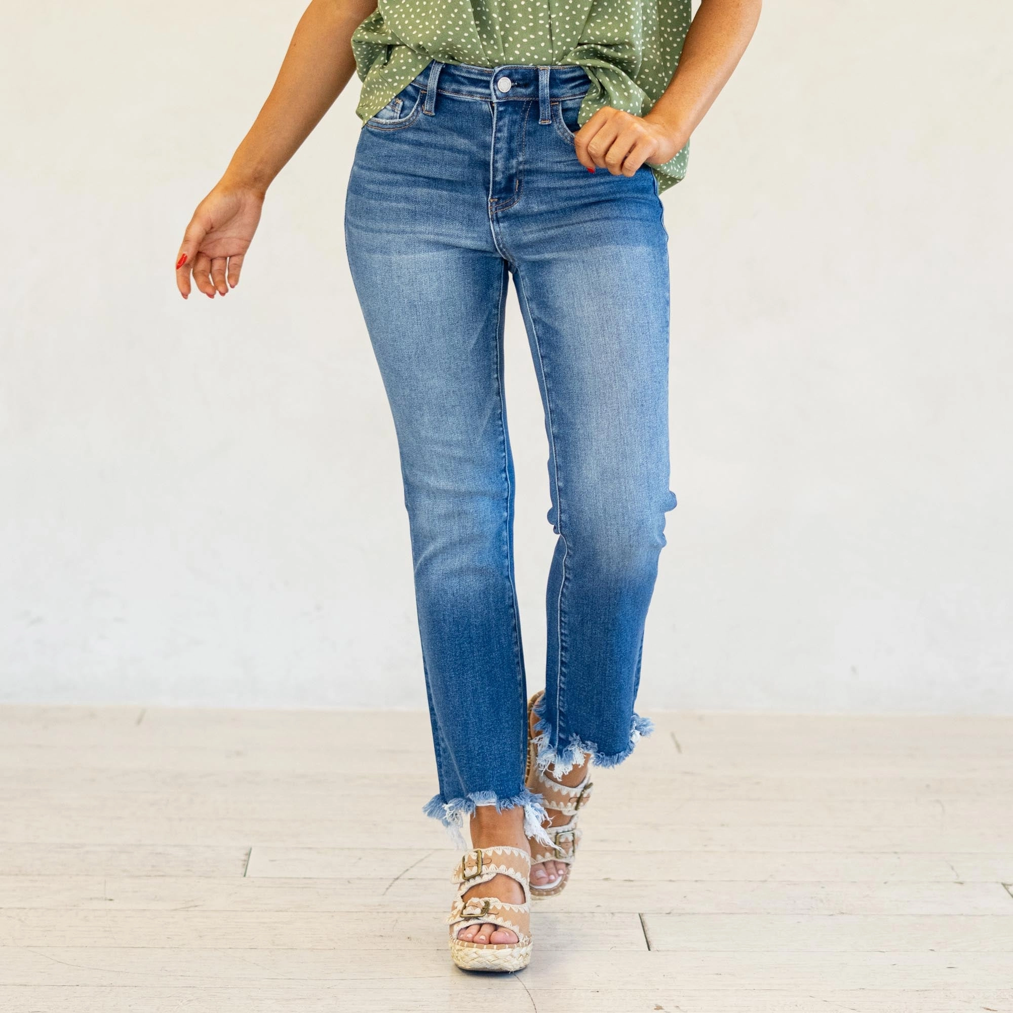 VERVET Divine High Rise Distressed Hem Kick Flare Jeans Medium Blue Casual Wear Morning Stroll Fashion Lover