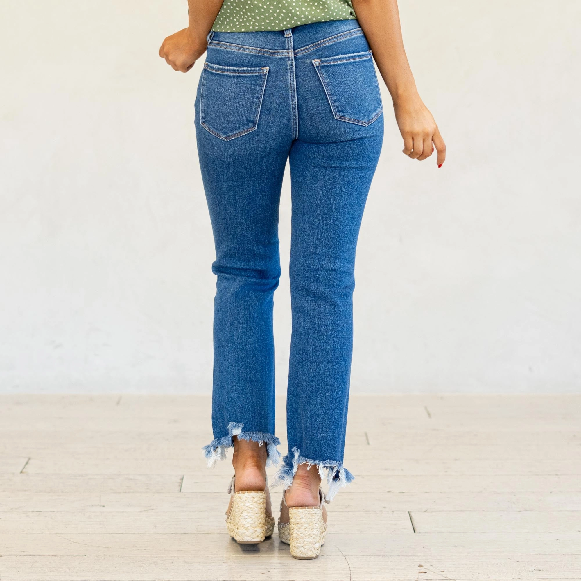 VERVET Divine High Rise Distressed Hem Kick Flare Jeans Medium Blue Fashion Lover Classic Wear Modern Minimalist