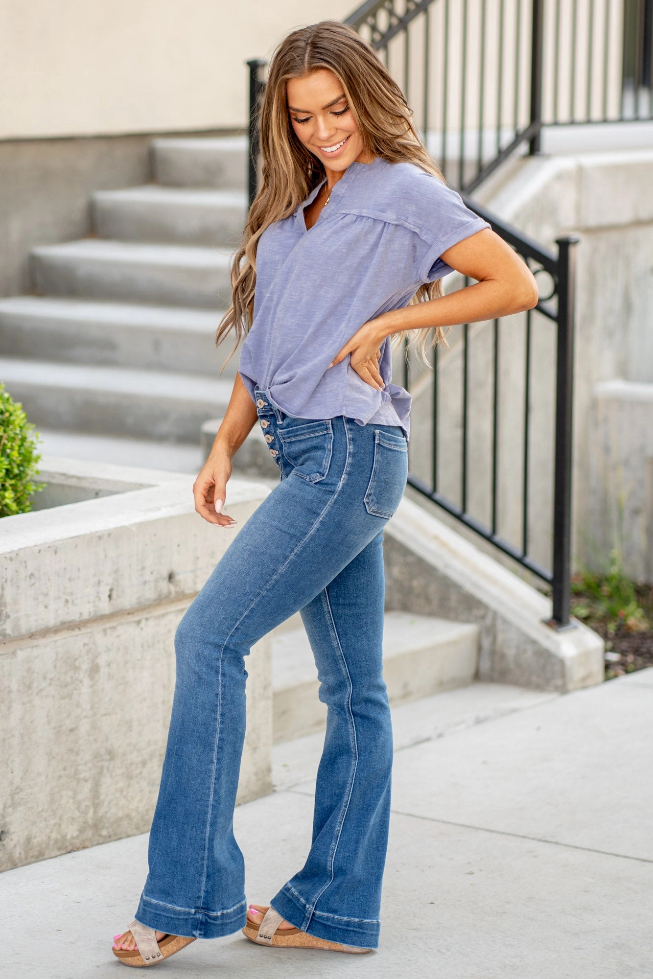 VERVET Gleefully Mid Rise Trouser Hem Flare Regular & Plus Sizes Medium Blue Quick Dry Technology Suitable Outfit