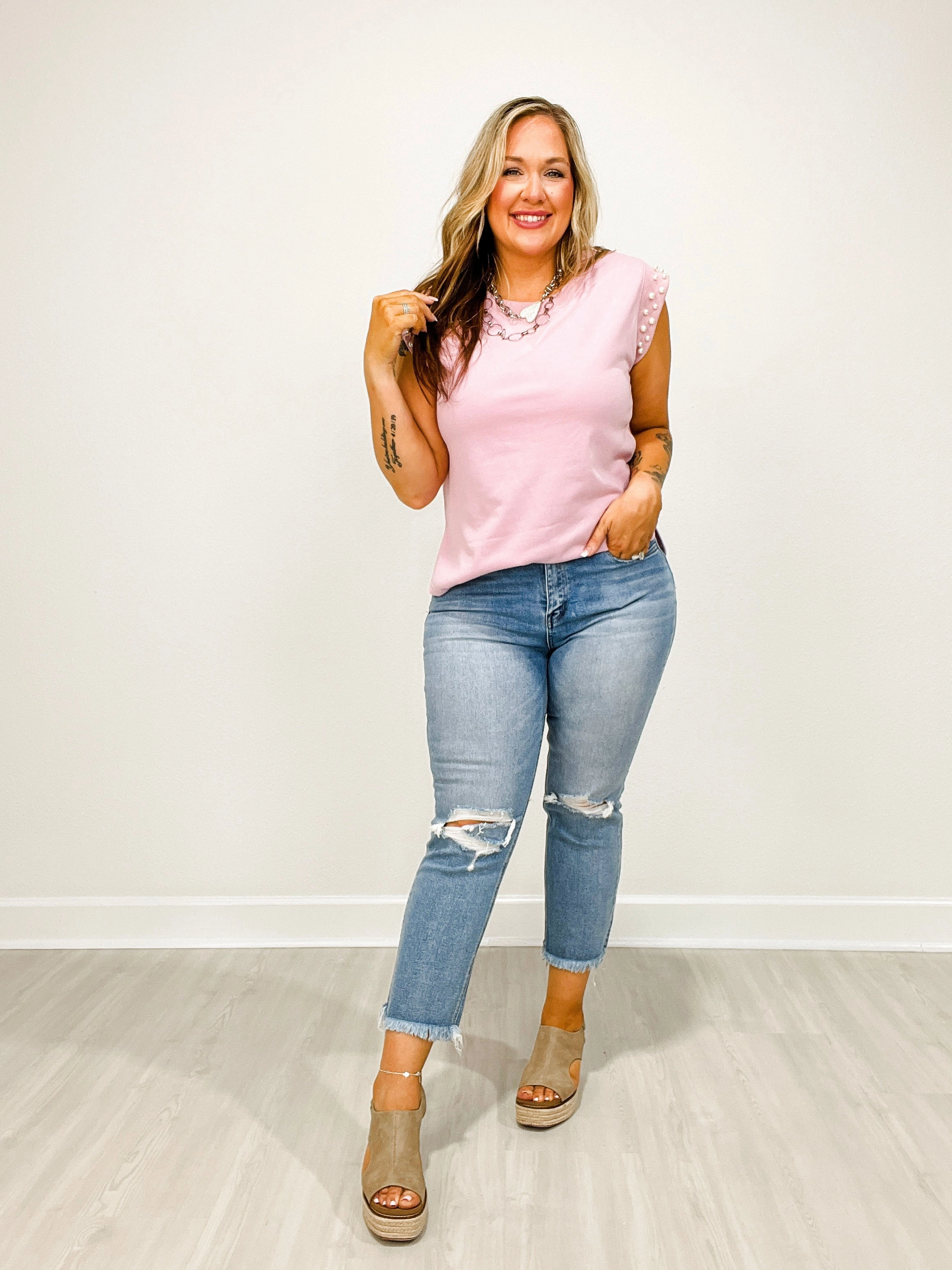 Weekend Warrior Luxury Athlete Fit Urban Style Vervet HOLY CROP High Rise Cropped Distressed Slim Jeans