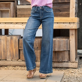 VERVET Outdone Tummy Control High Rise Wide Leg Regular & Plus Sizes Jeans Dark Blue Wash Effortless Look