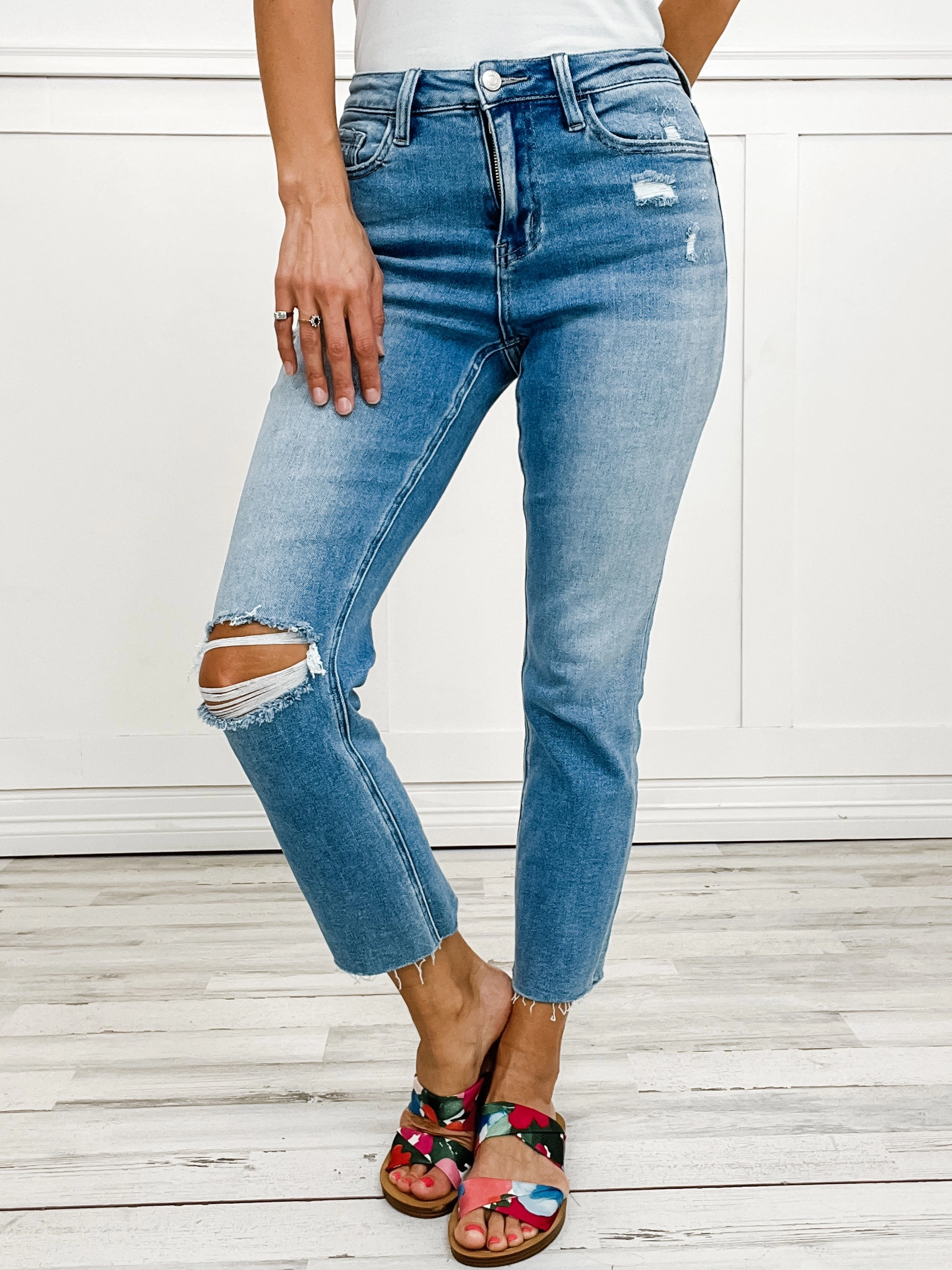 Vervet "Adele" High Rise Slim Straight Leg Jean Recycled Cotton Blend Layered Look