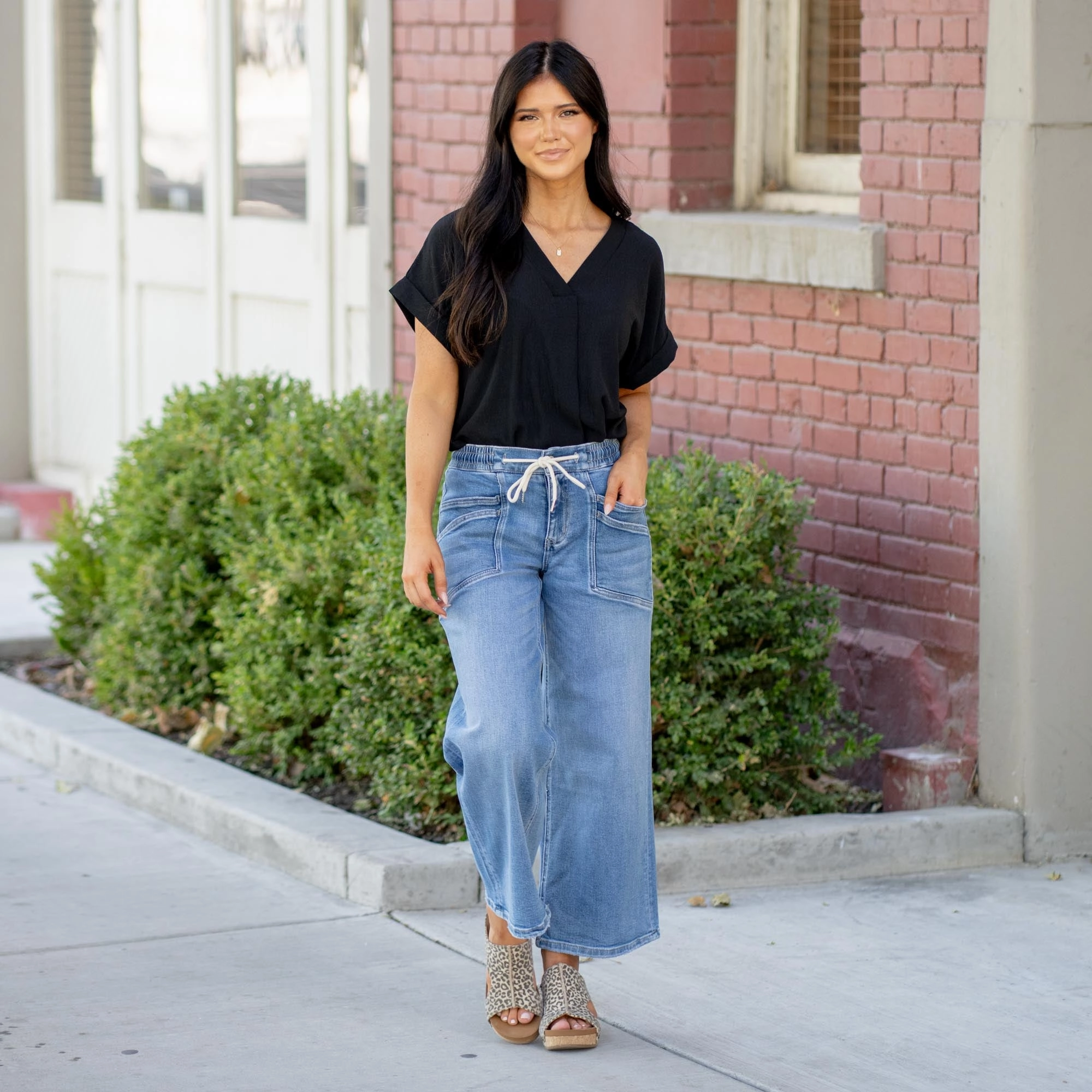 VERVET Reassure High Rise Drawstring Waistband Wide Leg Jeans Medium Blue Essential Comfort Weekend Warrior Creative Look Modern