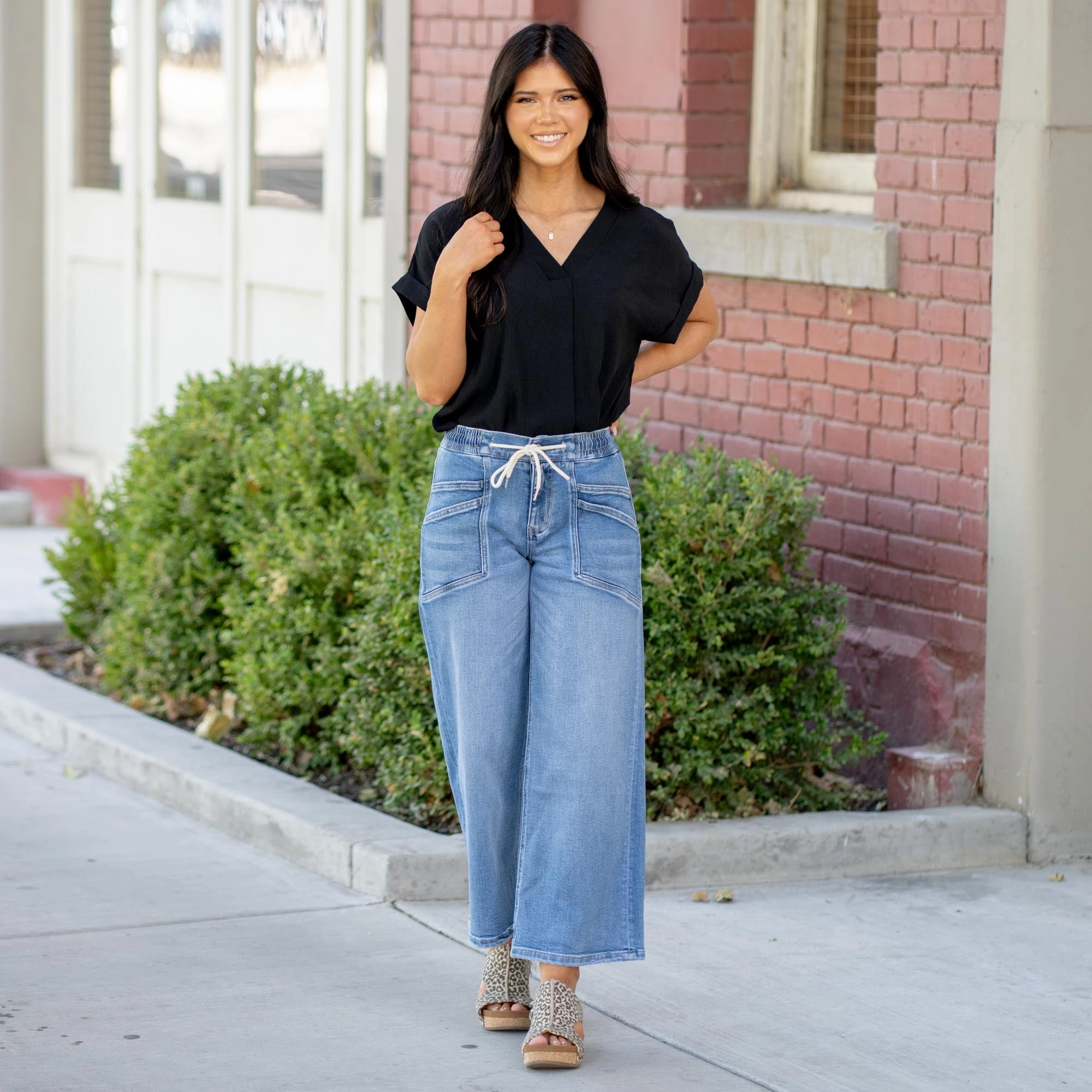 VERVET Reassure High Rise Drawstring Waistband Wide Leg Jeans Medium Blue Light Stretch Built For Life