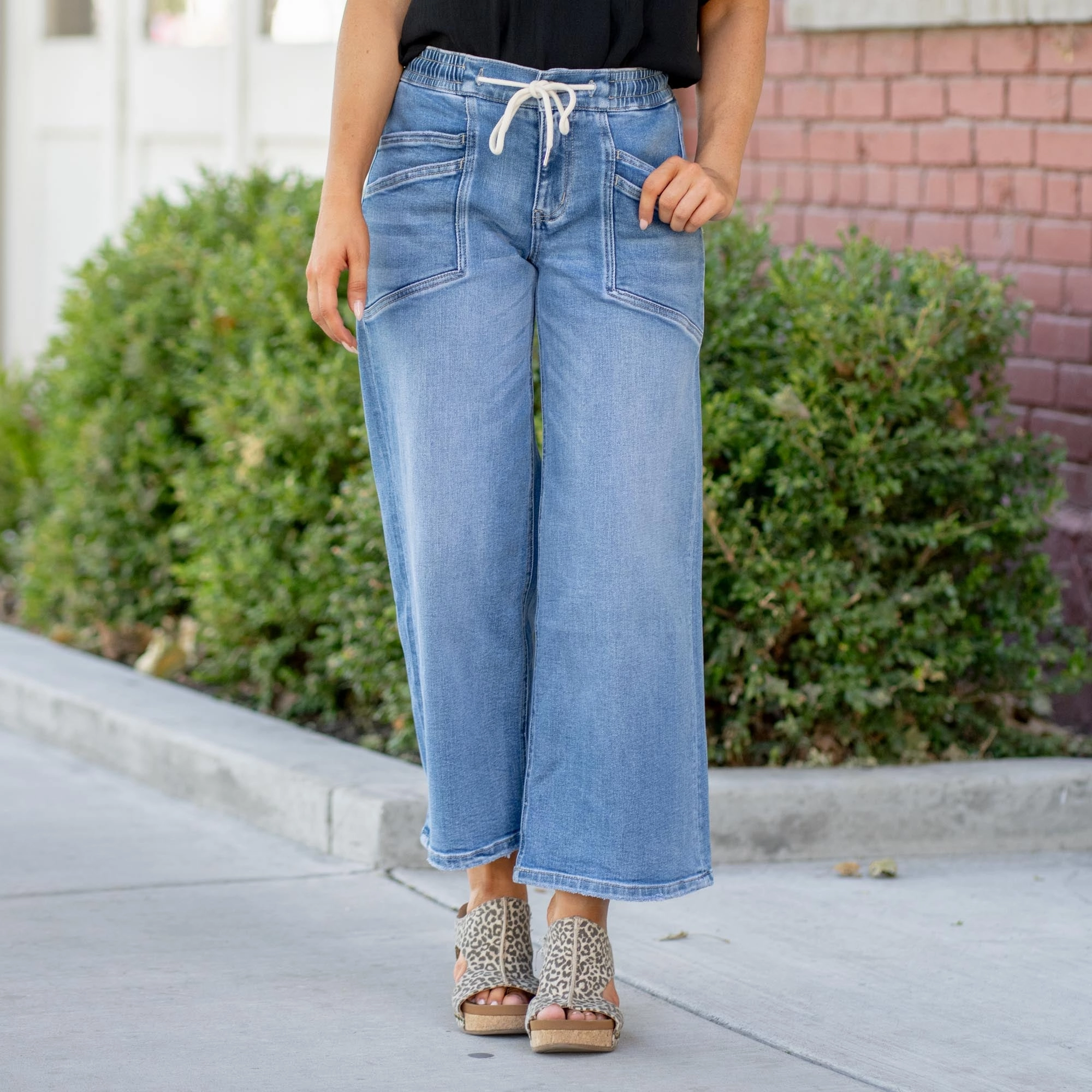 VERVET Reassure High Rise Drawstring Waistband Wide Leg Jeans Medium Blue Base Style