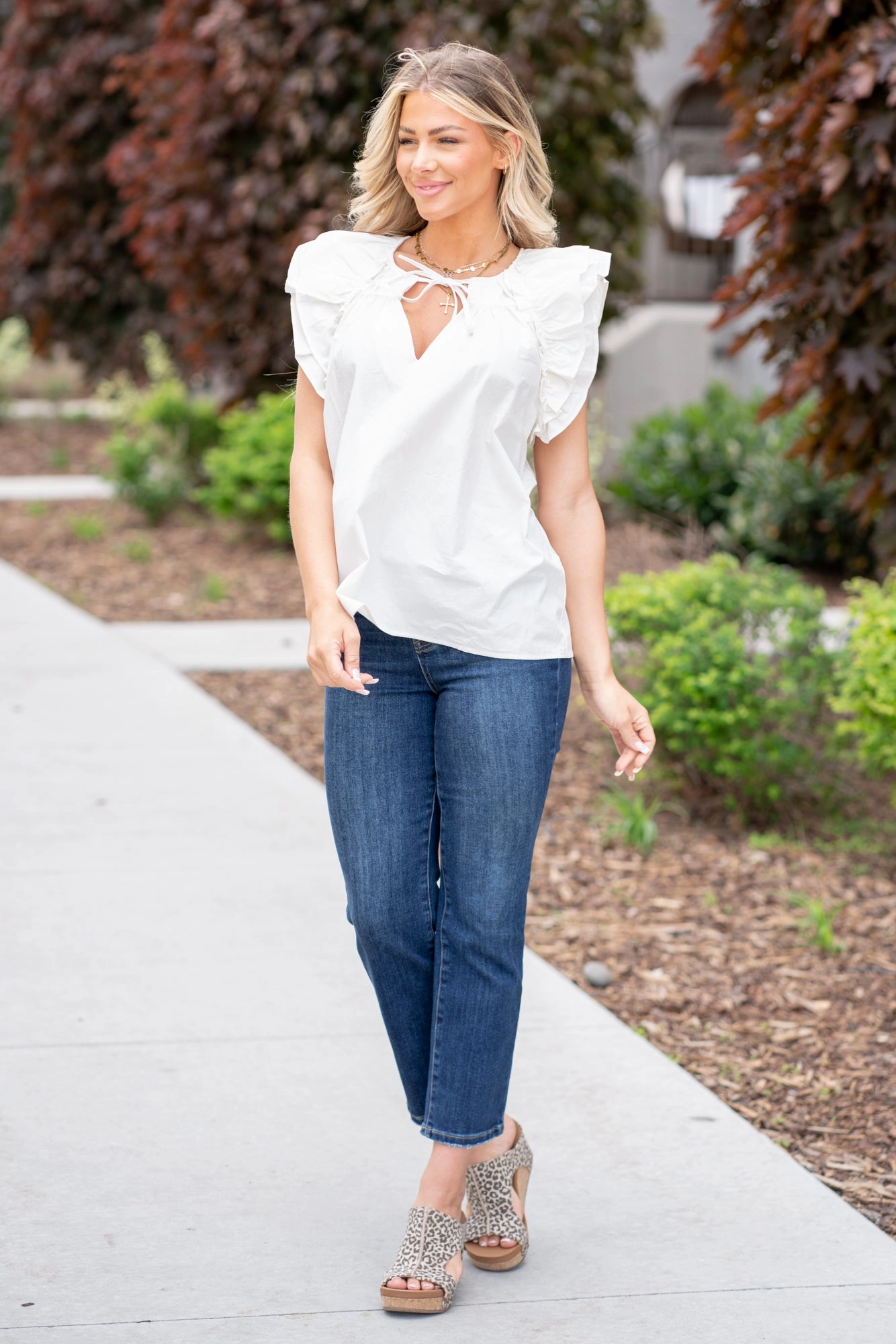 Timeless Classic Layered Ruffle Sleeve Poplin Top - Off White