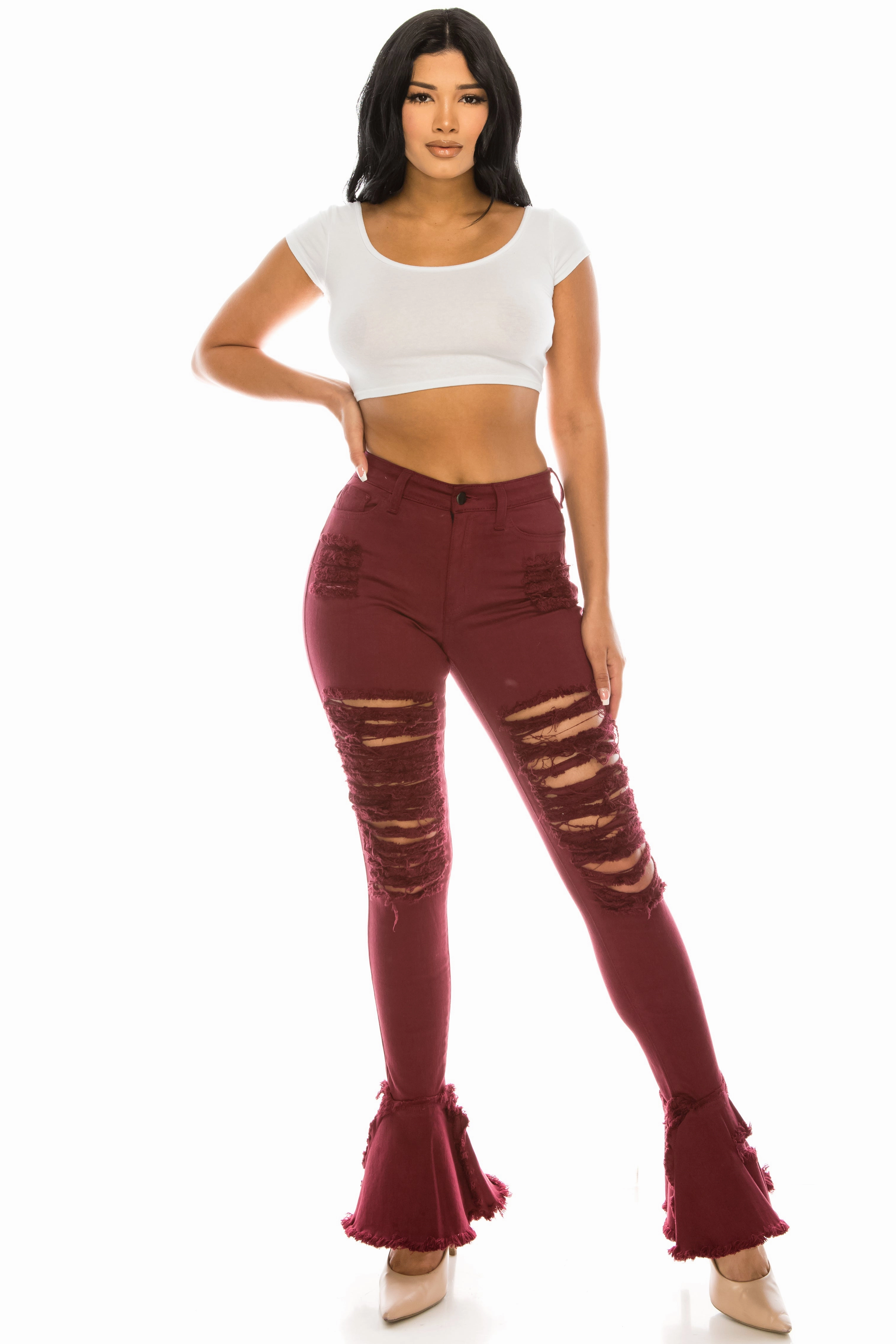 Loose Textured Travel Outfit 2051 Women's Super High Waisted Distressed Frayed Flare Jeans with Cut Outs