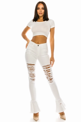 Neutral palette Casual Days 2051 Women's Super High Waisted Distressed Frayed Flare Jeans with Cut Outs