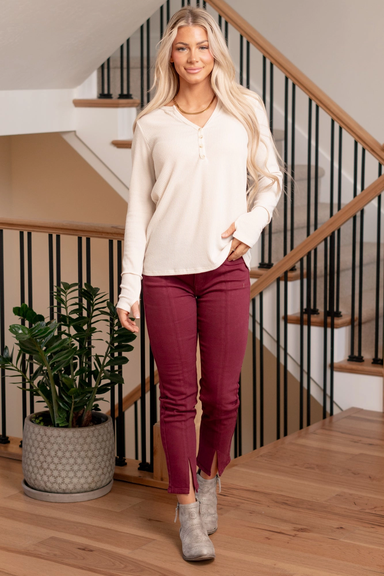 Mire Rib Knit Button Down - Cream Party fun Sleek Stretch Fit