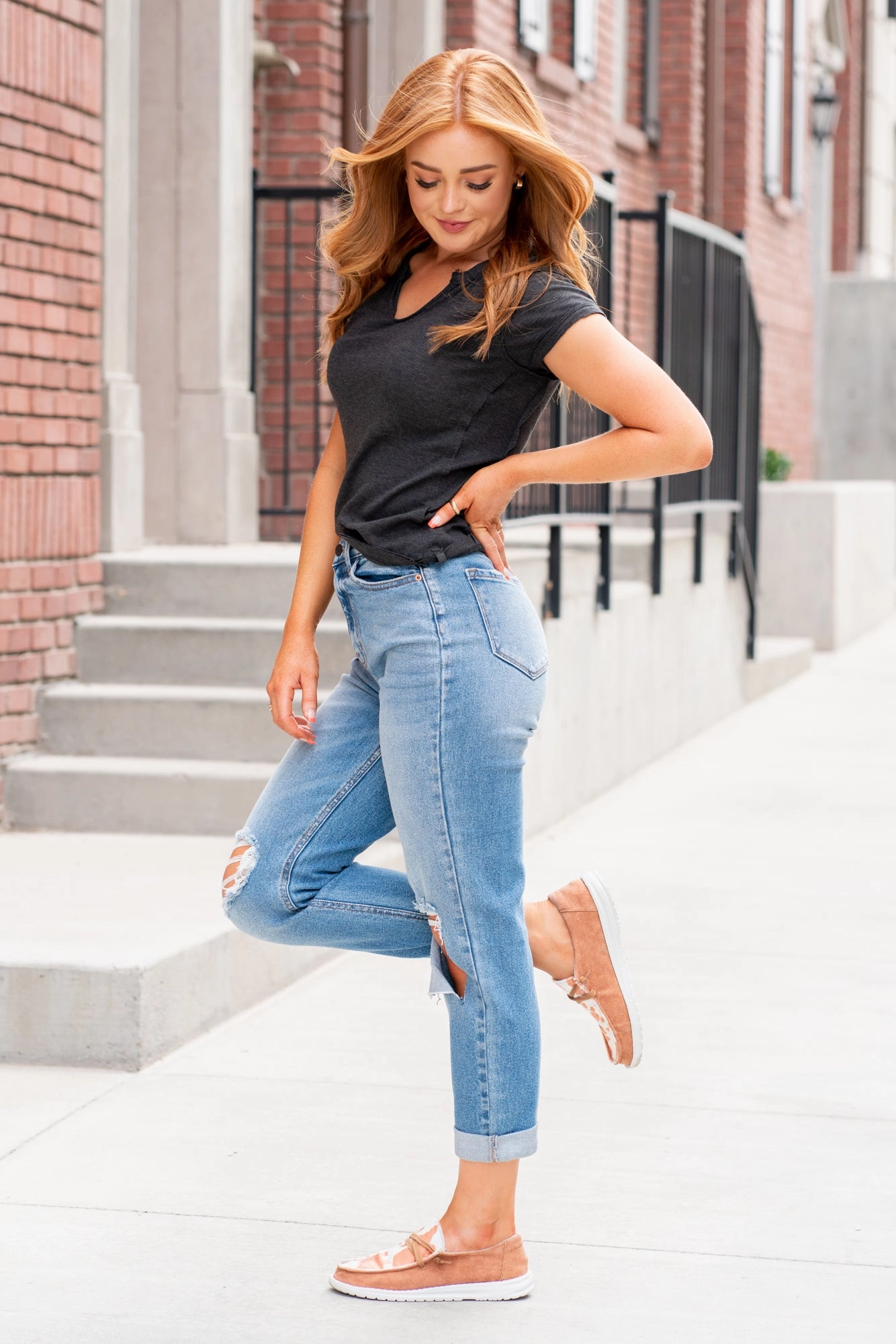 Victoria High Rise Distressed Cuffed Mom Fit Soft Road Trip Youth Style