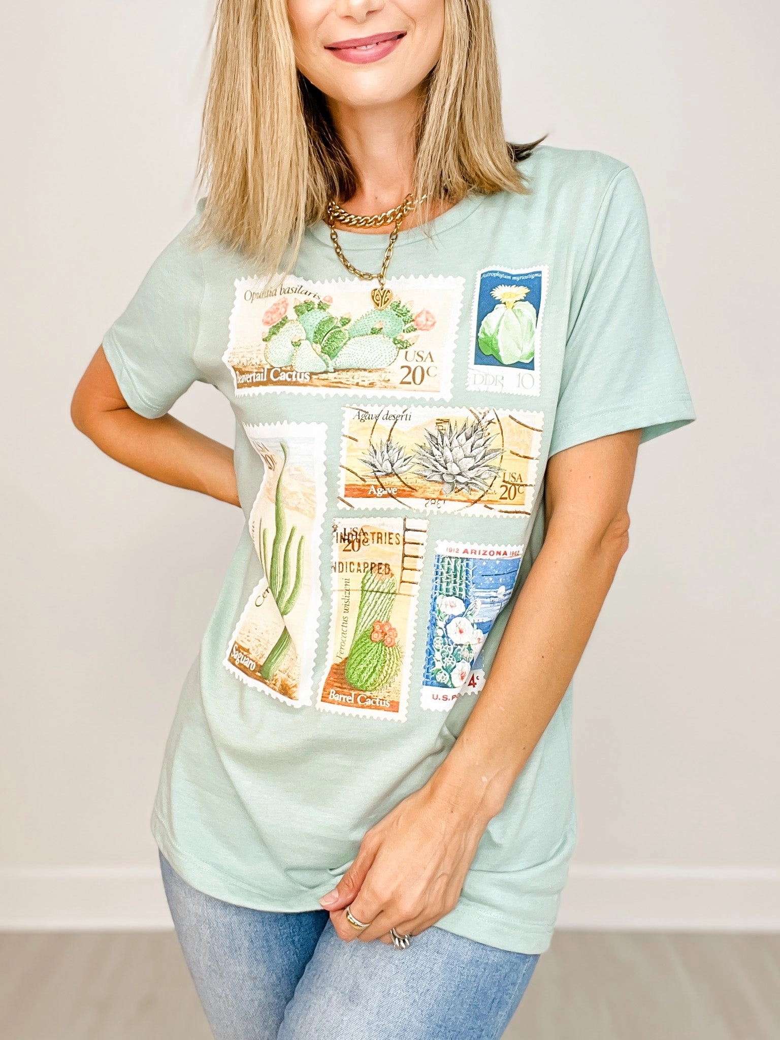 Vintage Cactus Stamps Graphic Tee RibbedTrims