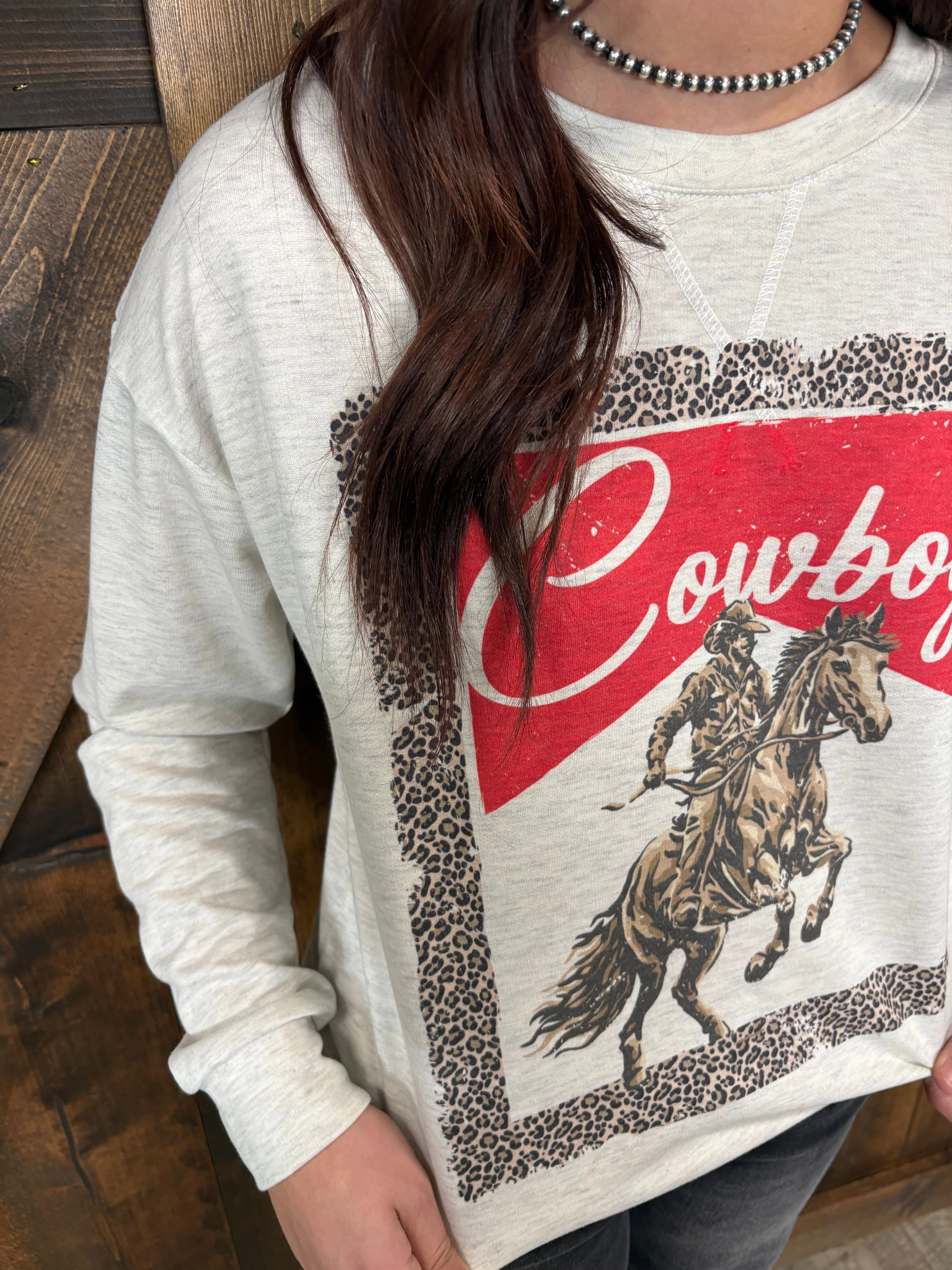 Convertible Collar All Weather Performance Fabric Vintage Cowboy Graphic Long Sleeve Top