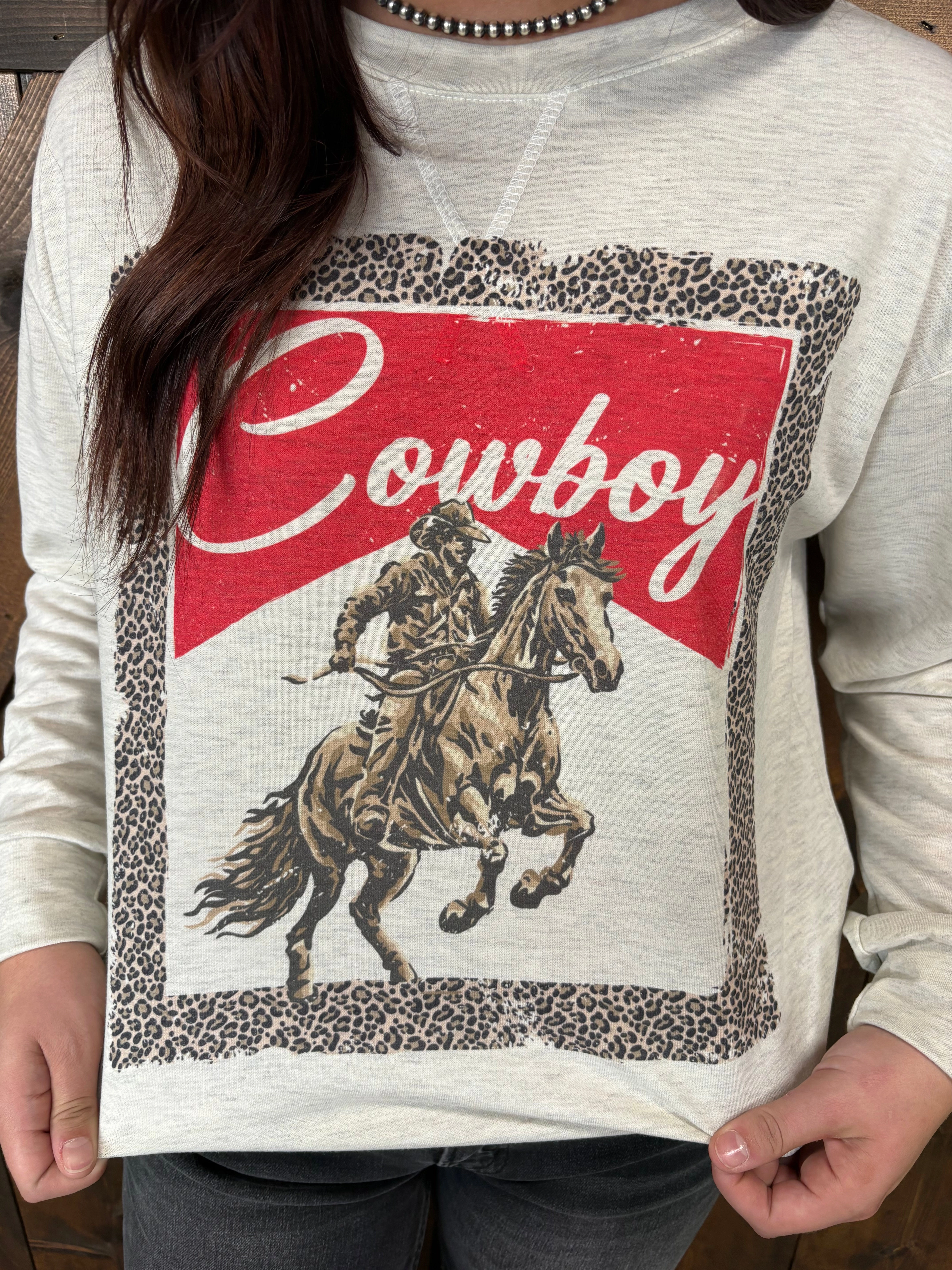 Vintage Cowboy Graphic Long Sleeve Top Hidden Pocket Breathable mesh panel