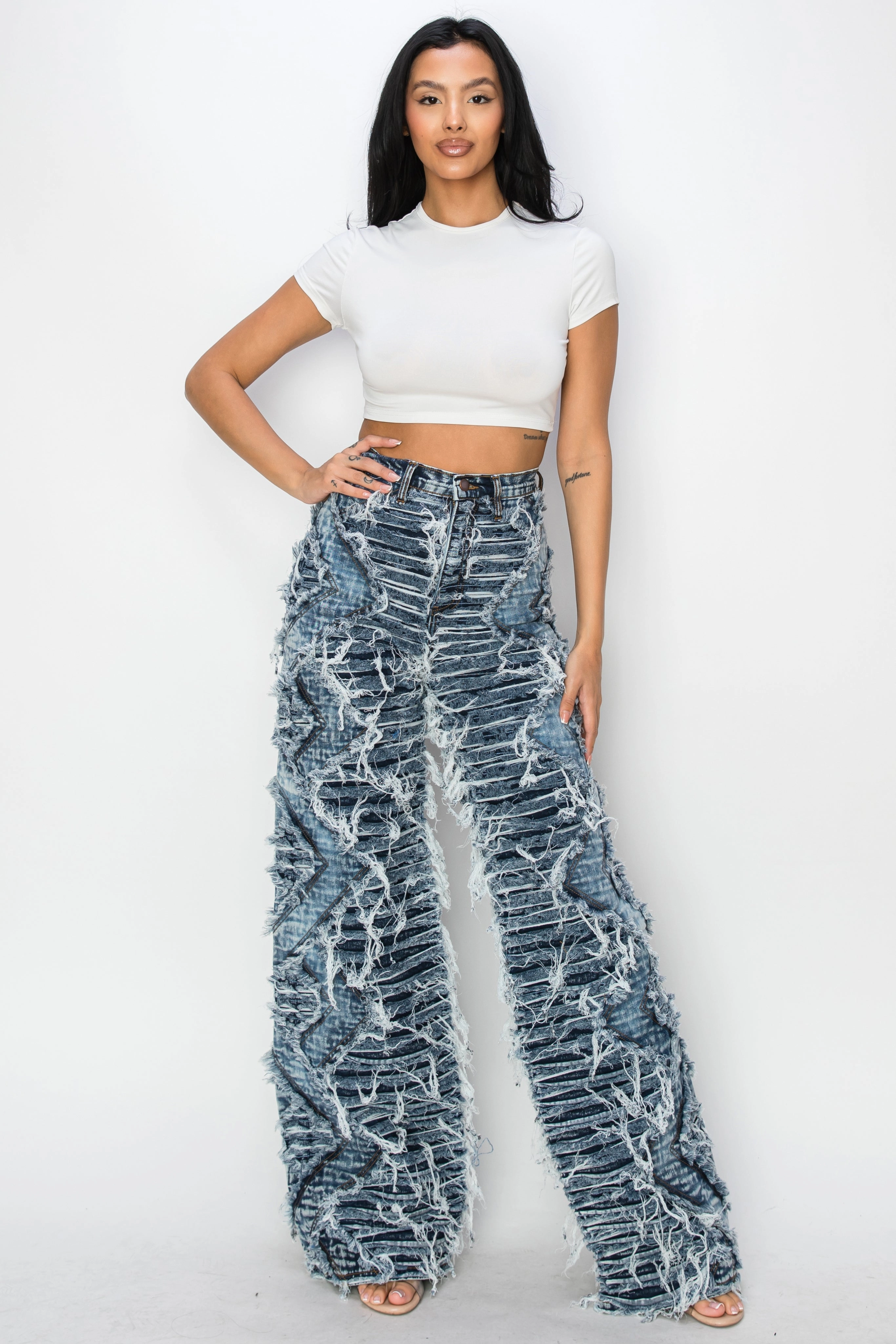 40792 High Rise Dual Layer Wide Leg Shaggy Jeans W/ Helix Outseam Design Casual Street Modern Spring Mood