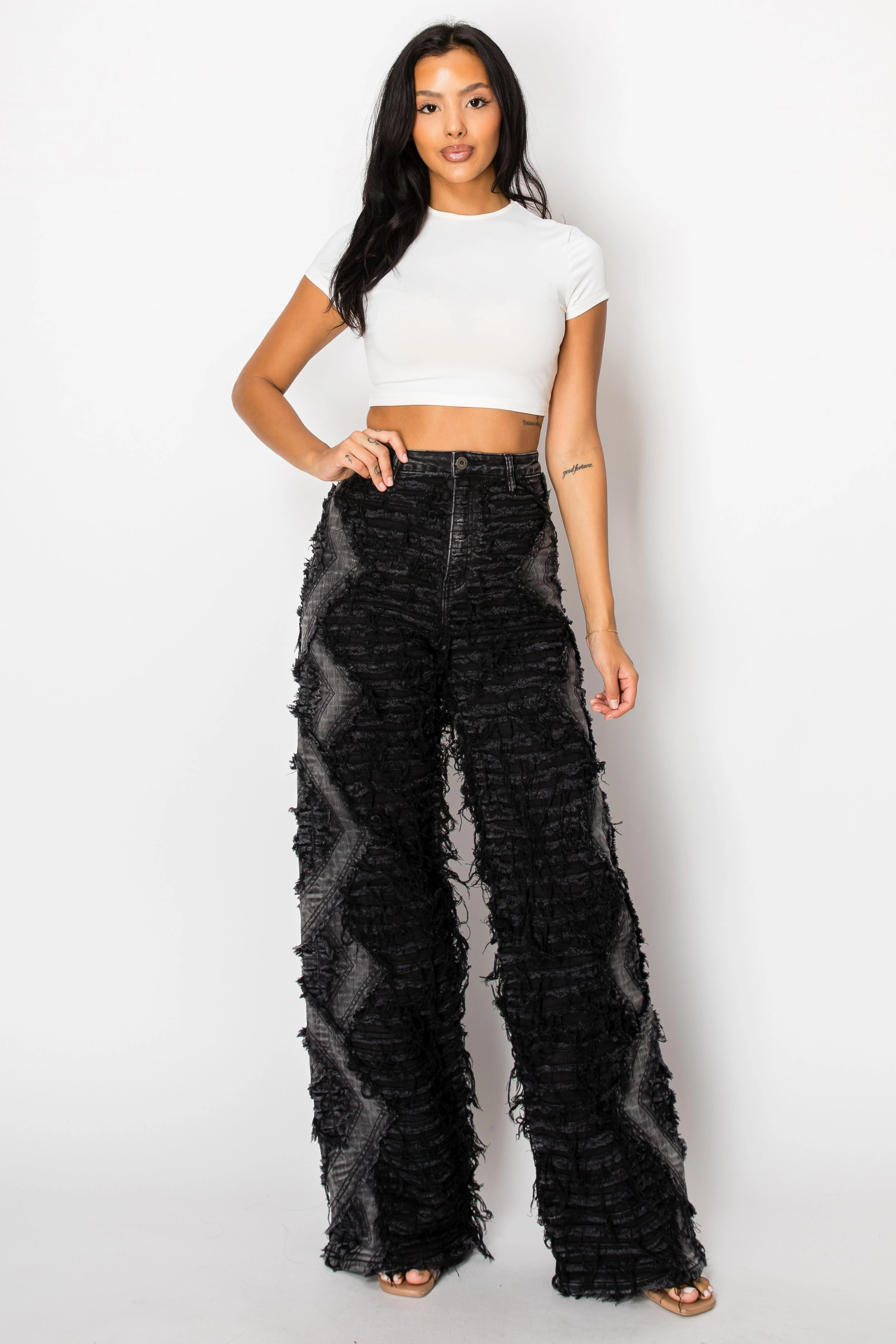 Date Night Daily Wear Durable Weave 40792 High Rise Dual Layer Wide Leg Shaggy Jeans W/ Helix Outseam Design