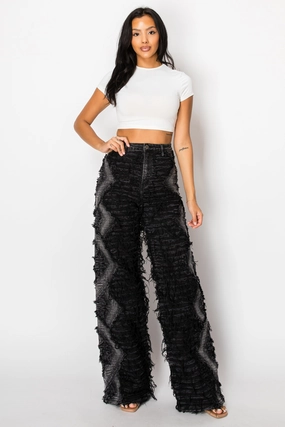 40792 High Rise Dual Layer Wide Leg Shaggy Jeans W/ Helix Outseam Design Office Wear Chill Outfit Date Night